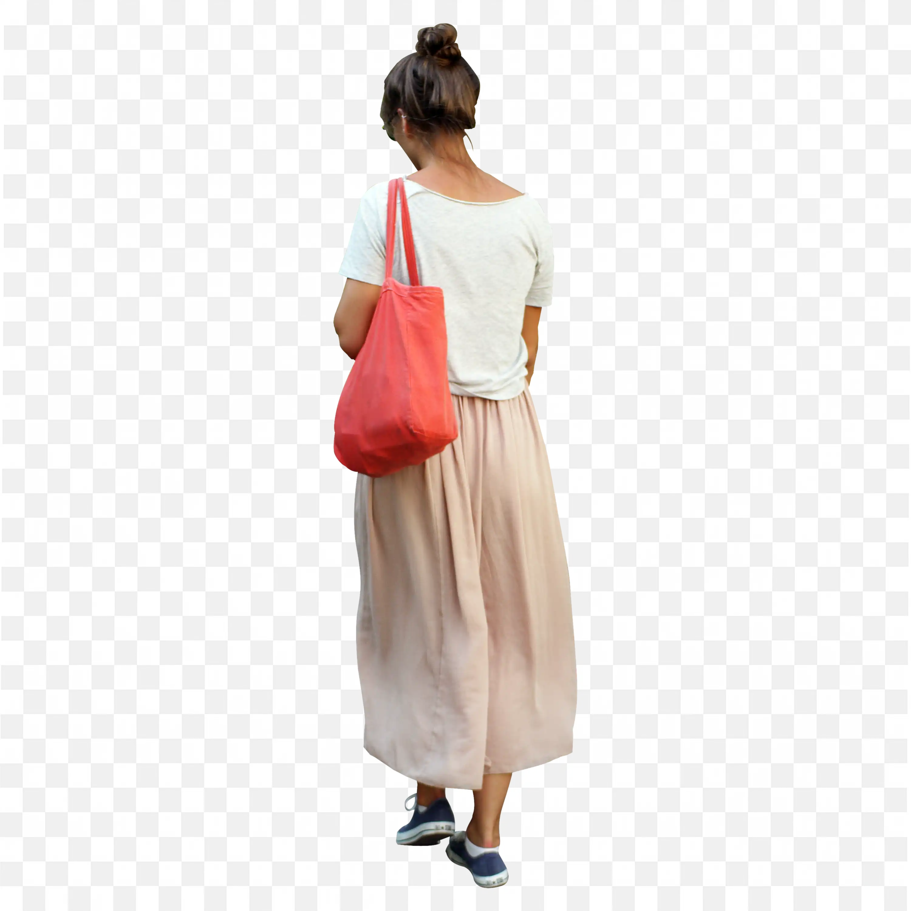 Woman Wearing Skirt and Red Bag Walking Away Free Png