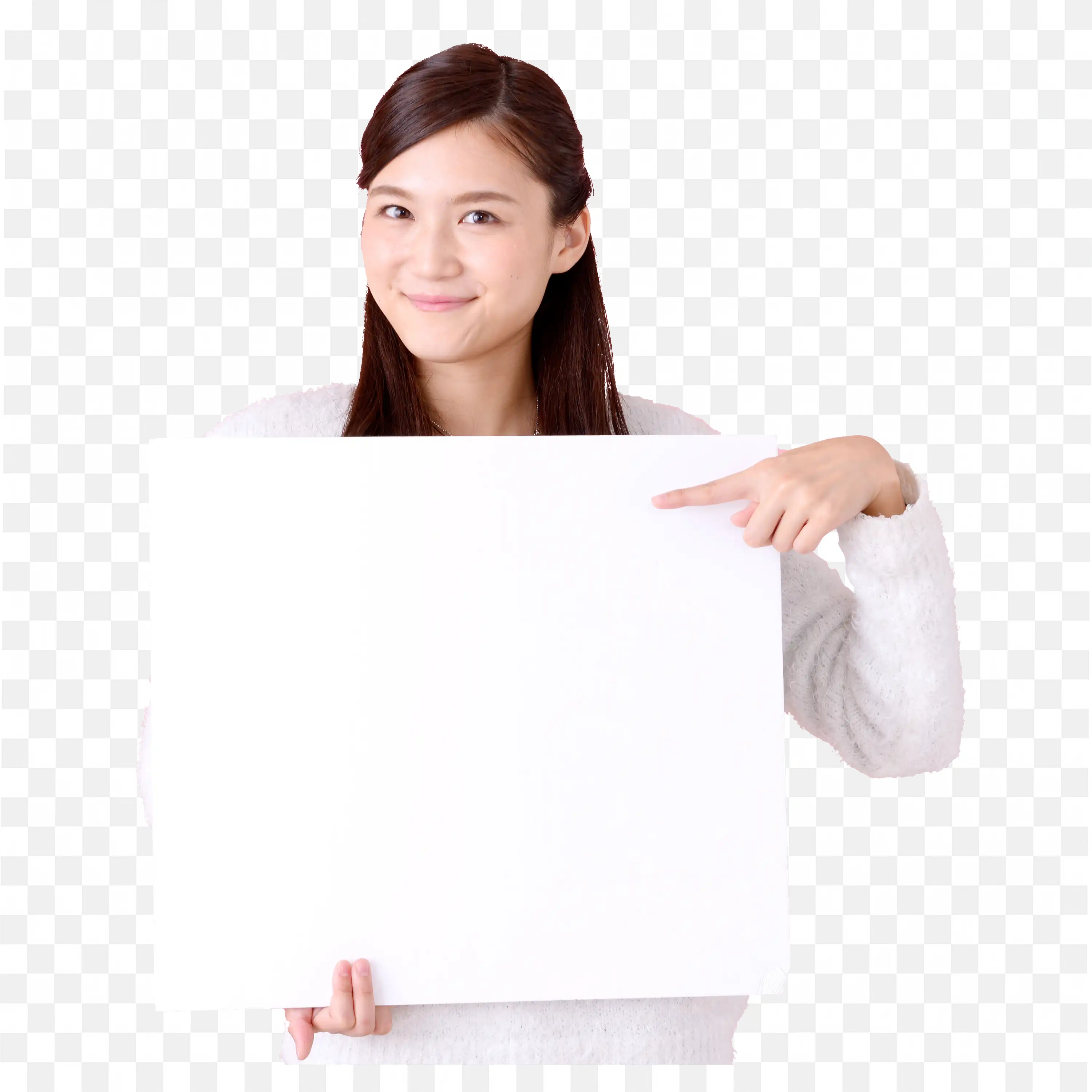 Woman in White Dress Displaying a Blank Poster Board Png