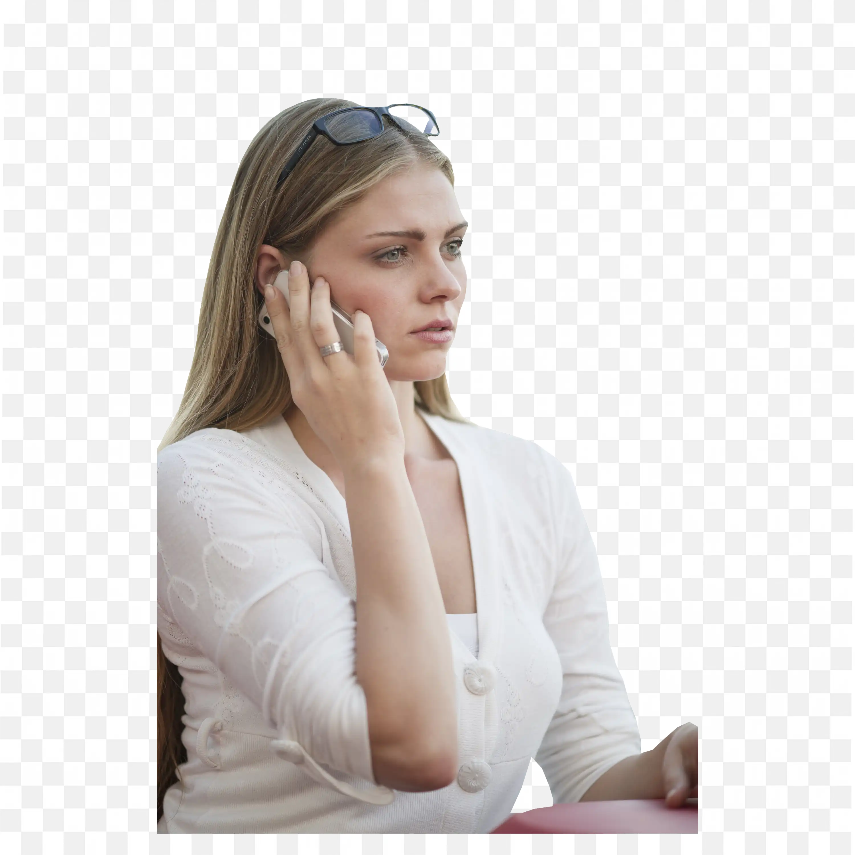 Woman in White Dress and Sunglasses Talking on the Phone