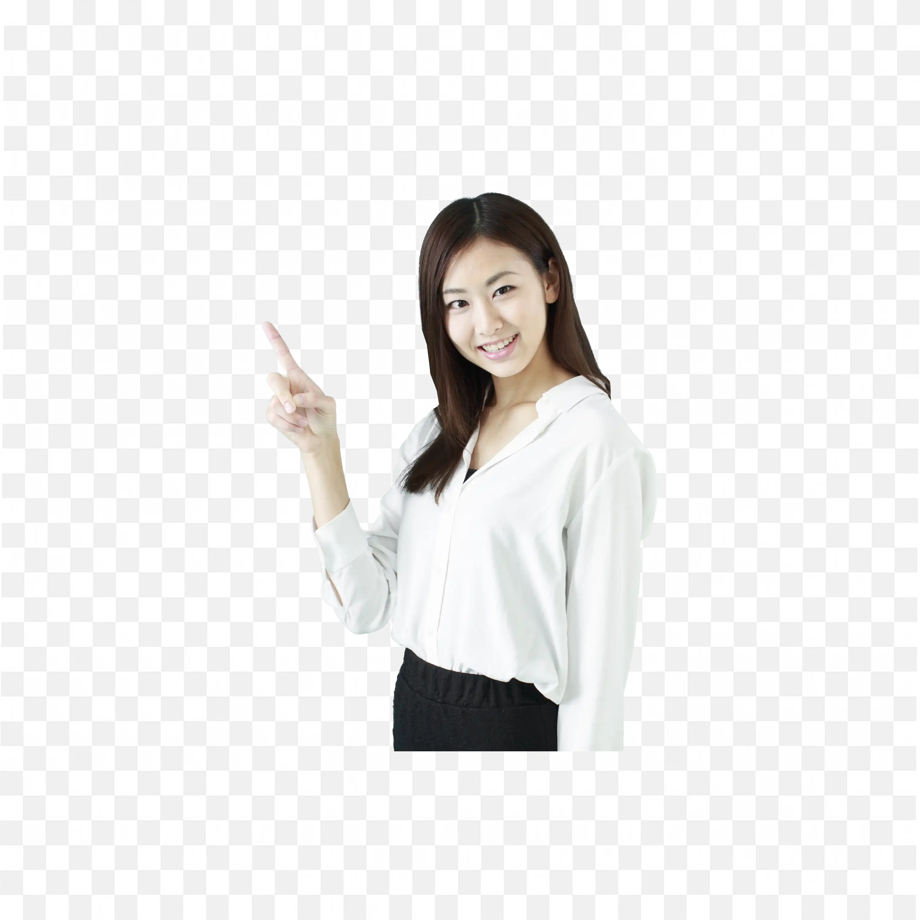 Woman in White Shirt and Black Pants Pointing Sideways Png