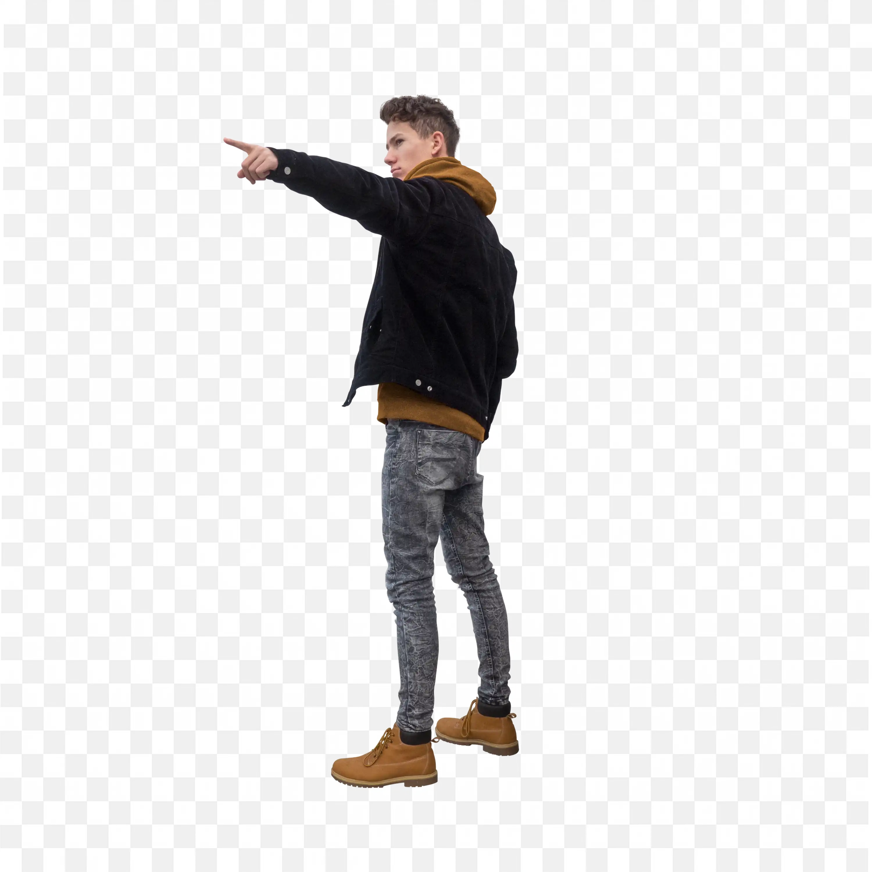 Young Man in Jeans and Hoodie Pointing Something Free Png