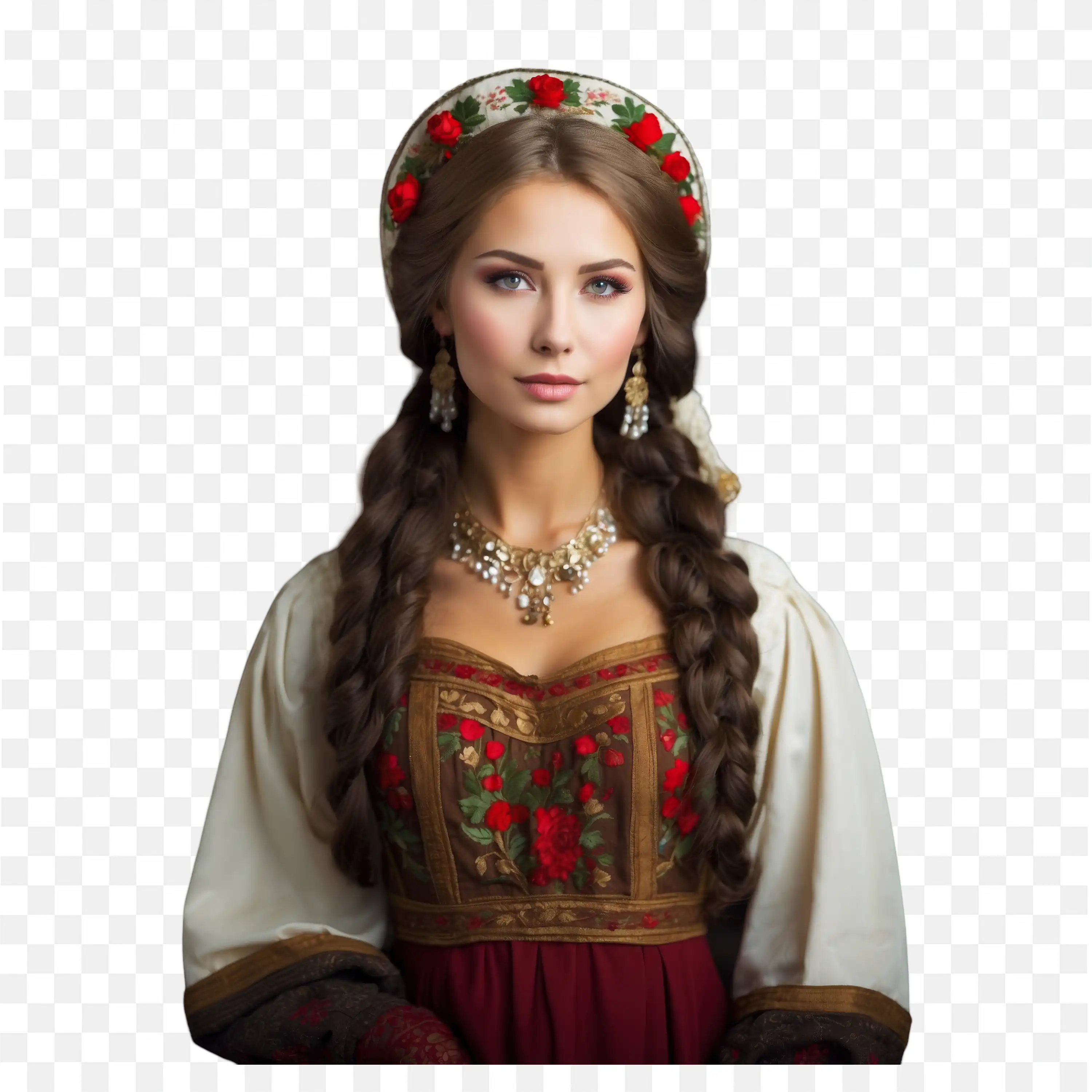 Young Woman in Beautiful Traditional Dress with Braided Hair