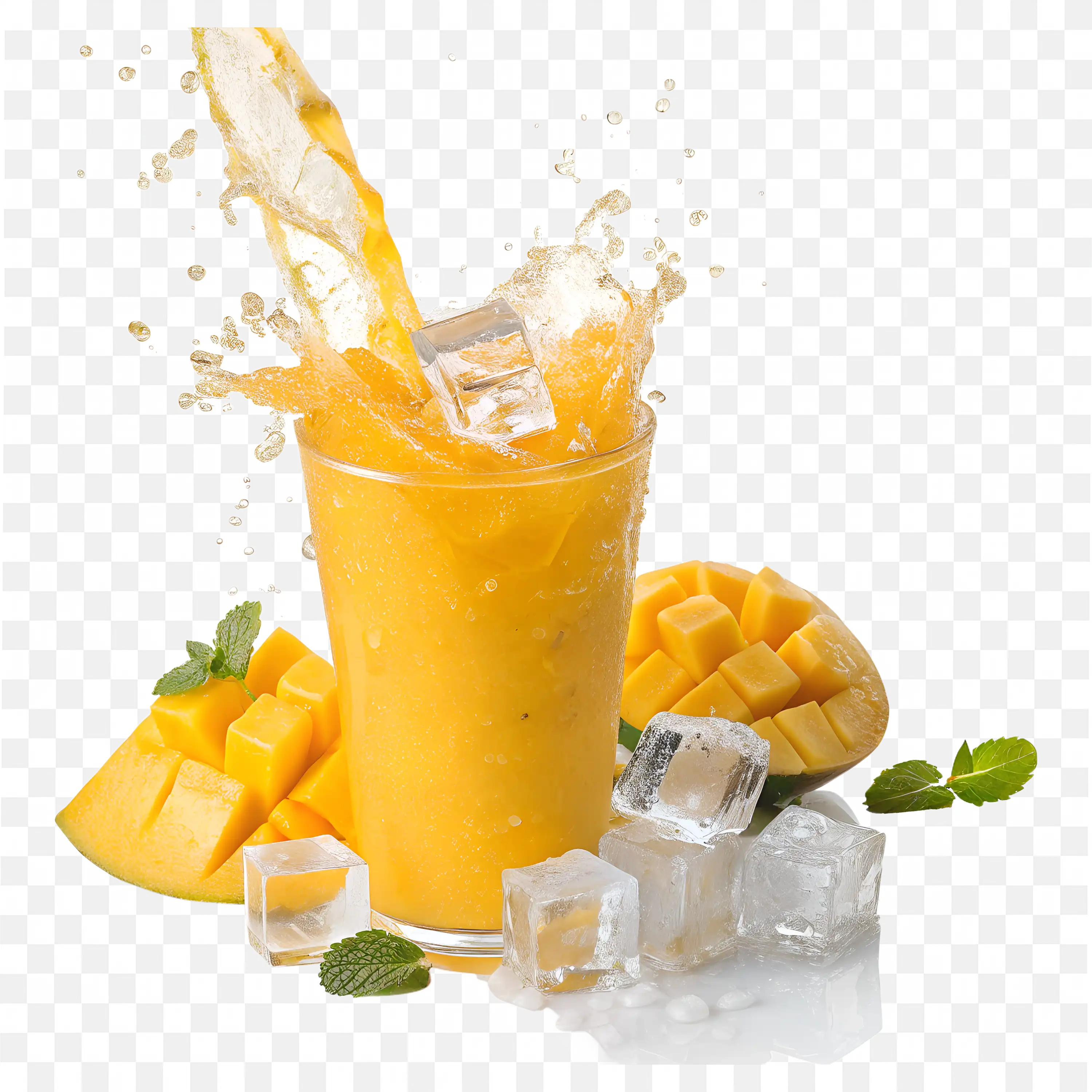 A Cup of Mango Juice with Ice Cubes and Mango Fruit Png