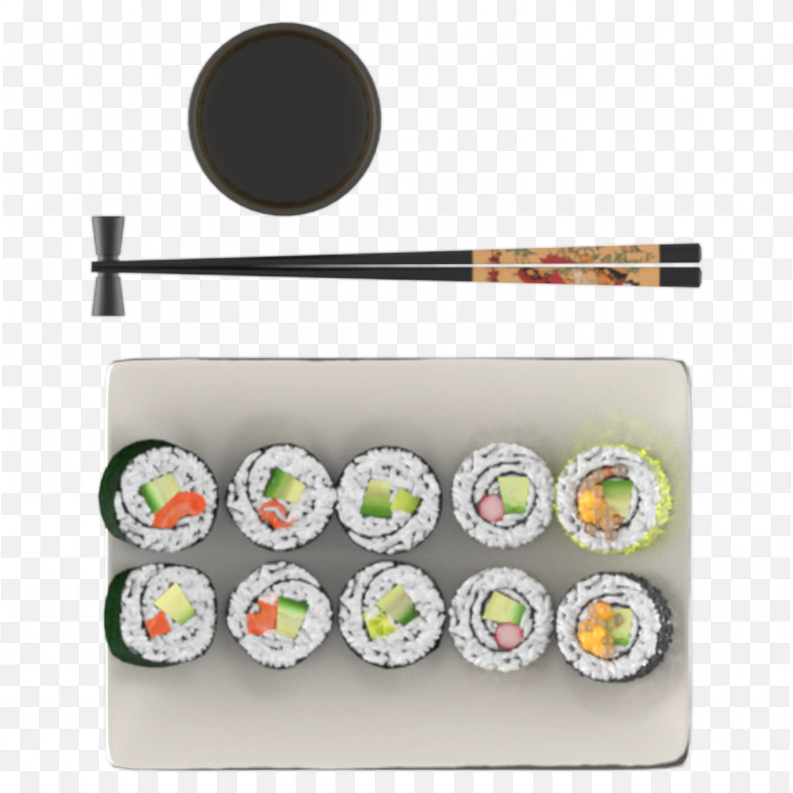 Assorted Sushi Rolls with Soy Sauce and Chopsticks Png