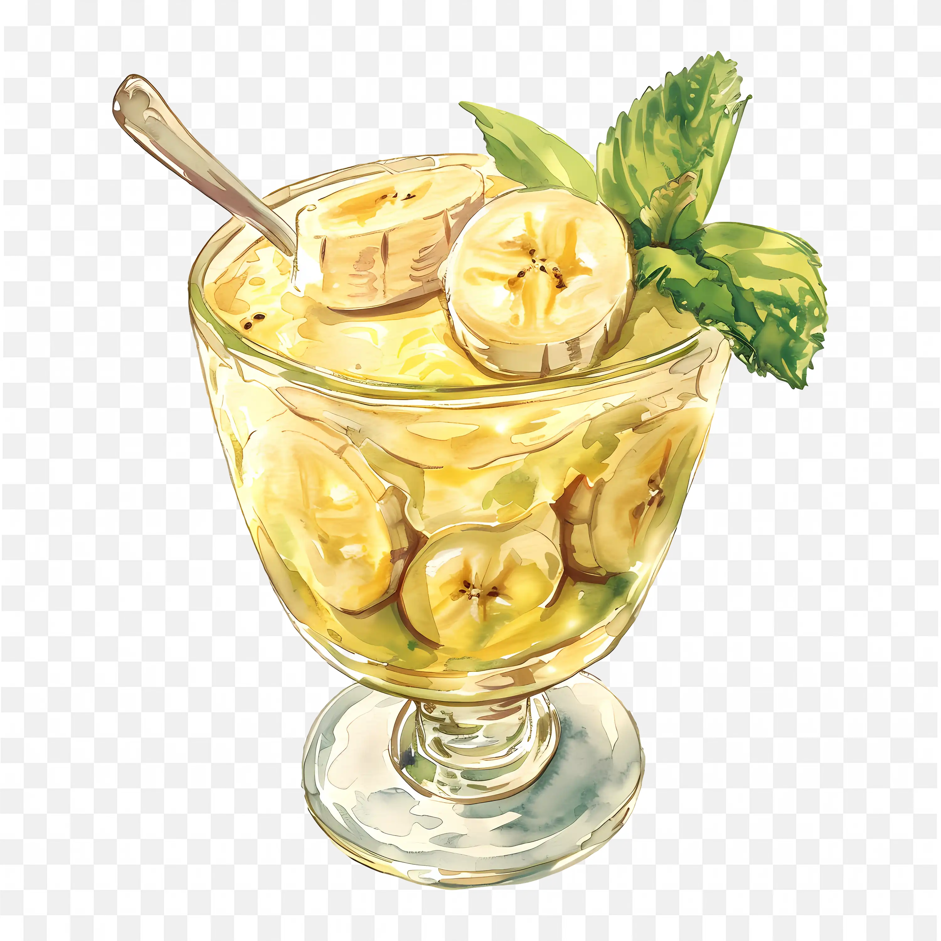 Banana Pudding in a Glass Cup with Fresh Mint Art Free Png