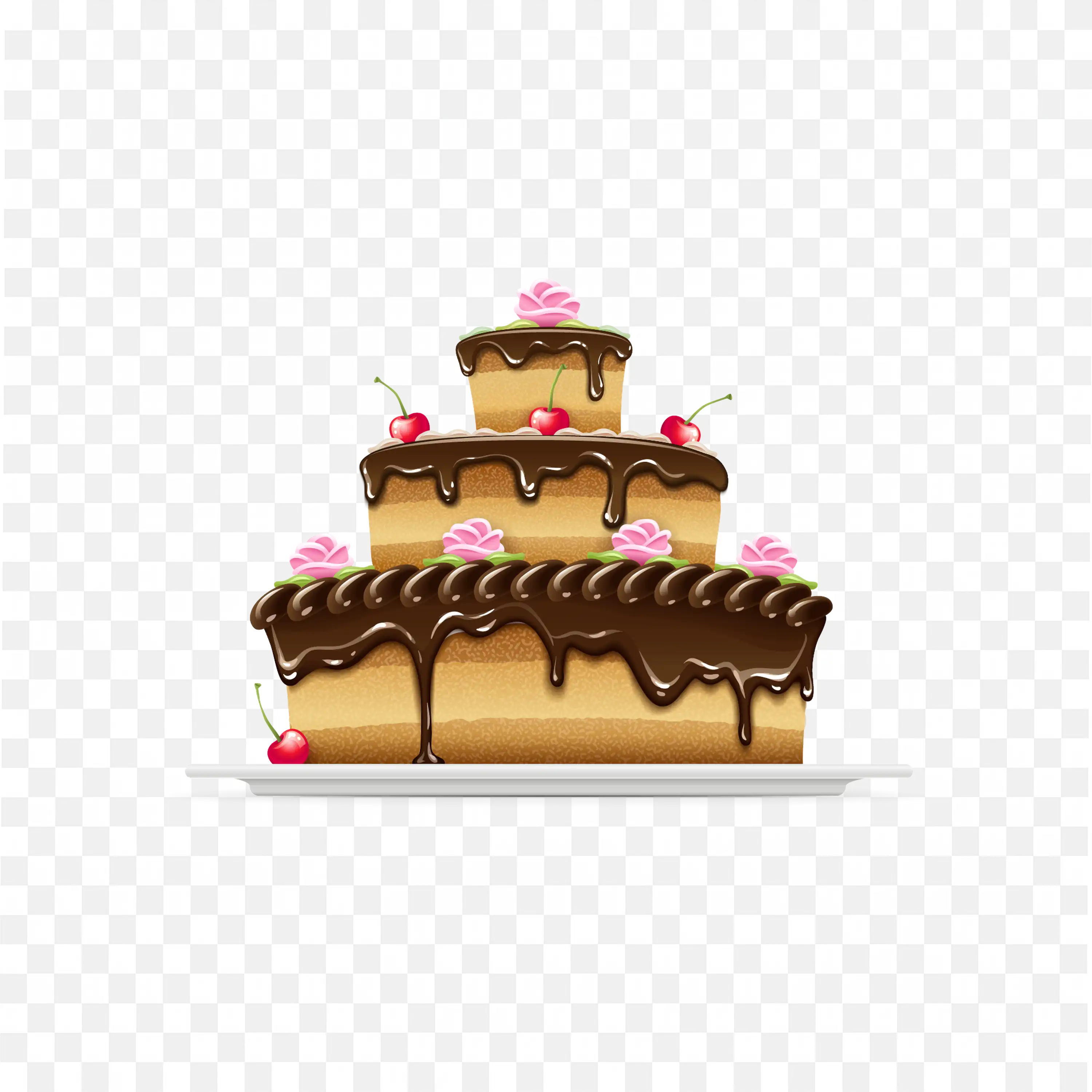 Cartoon Chocolate Cake with Flowers and a Cherry Fruit Png