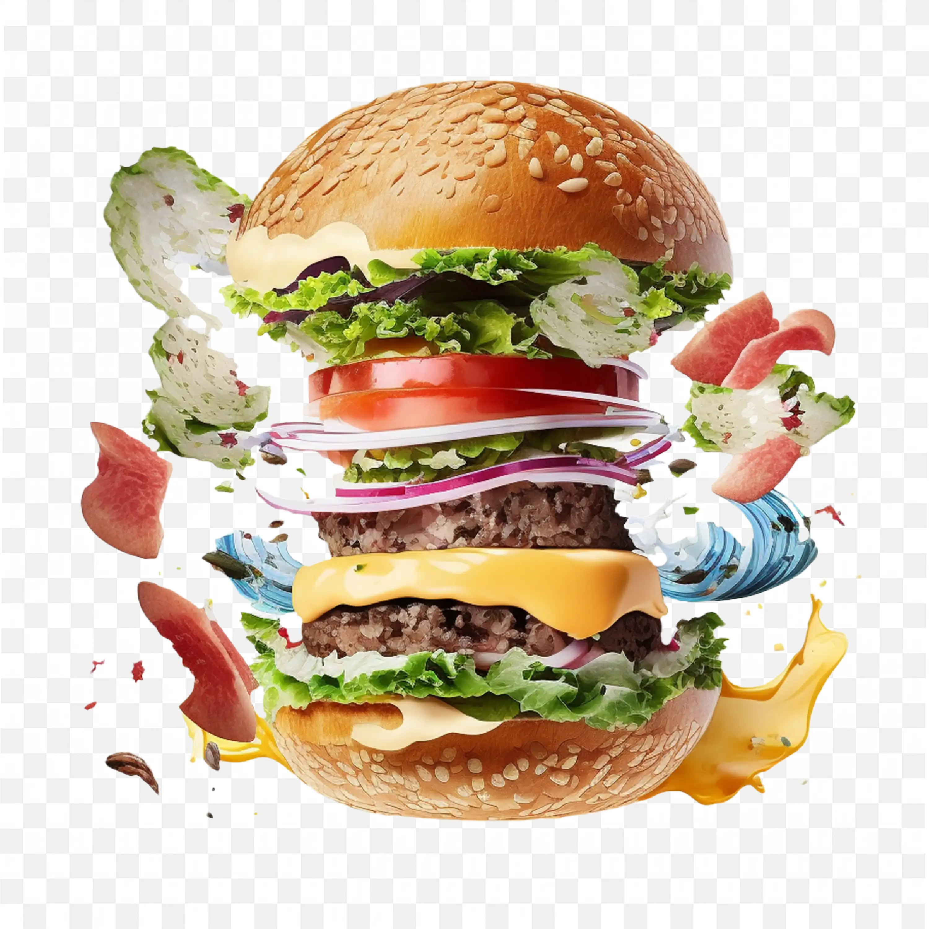 Cheeseburger with Fresh Ingredients in Mid Air HD Free Png