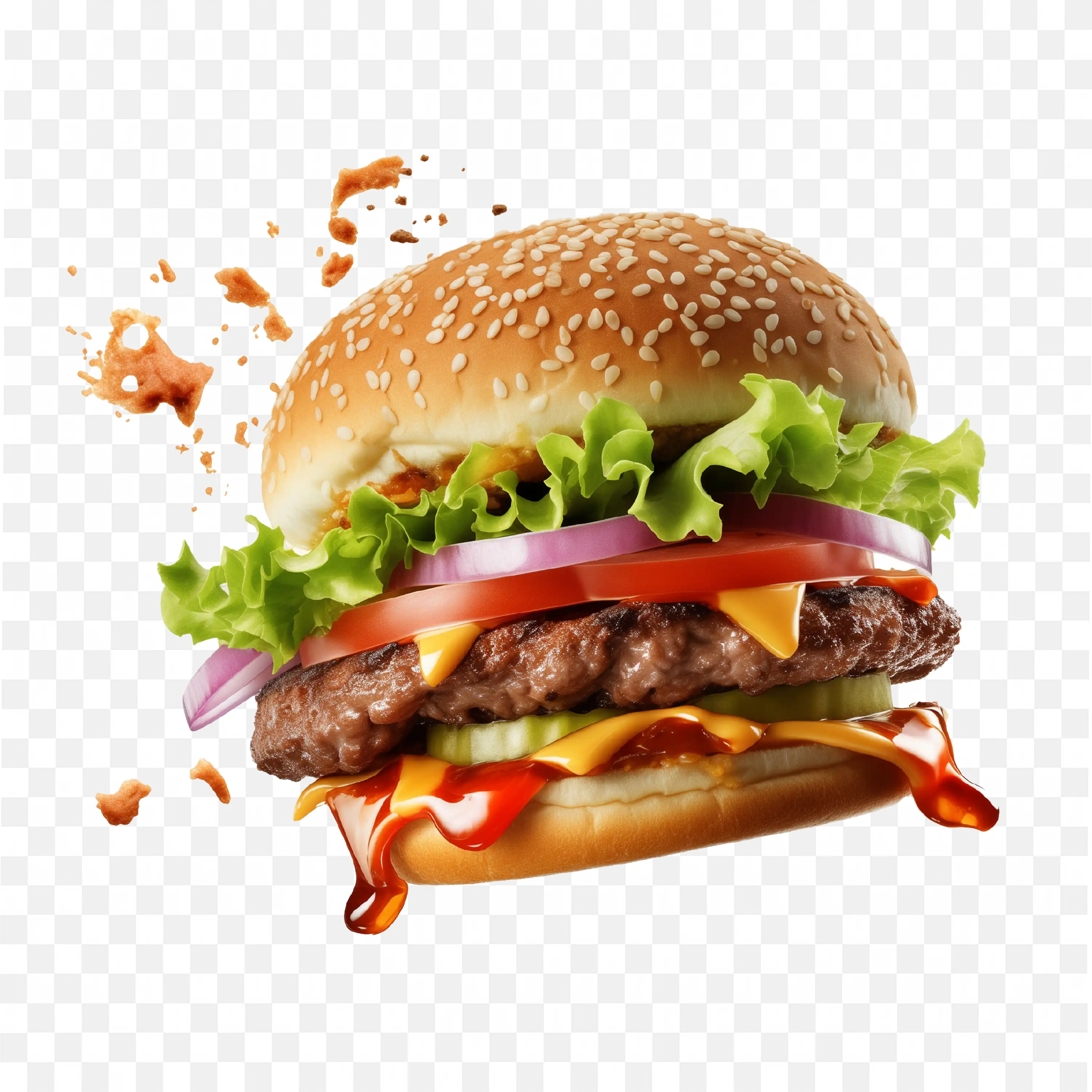 Classic Burger with Lettuce and Dripping Sauce Png Image
