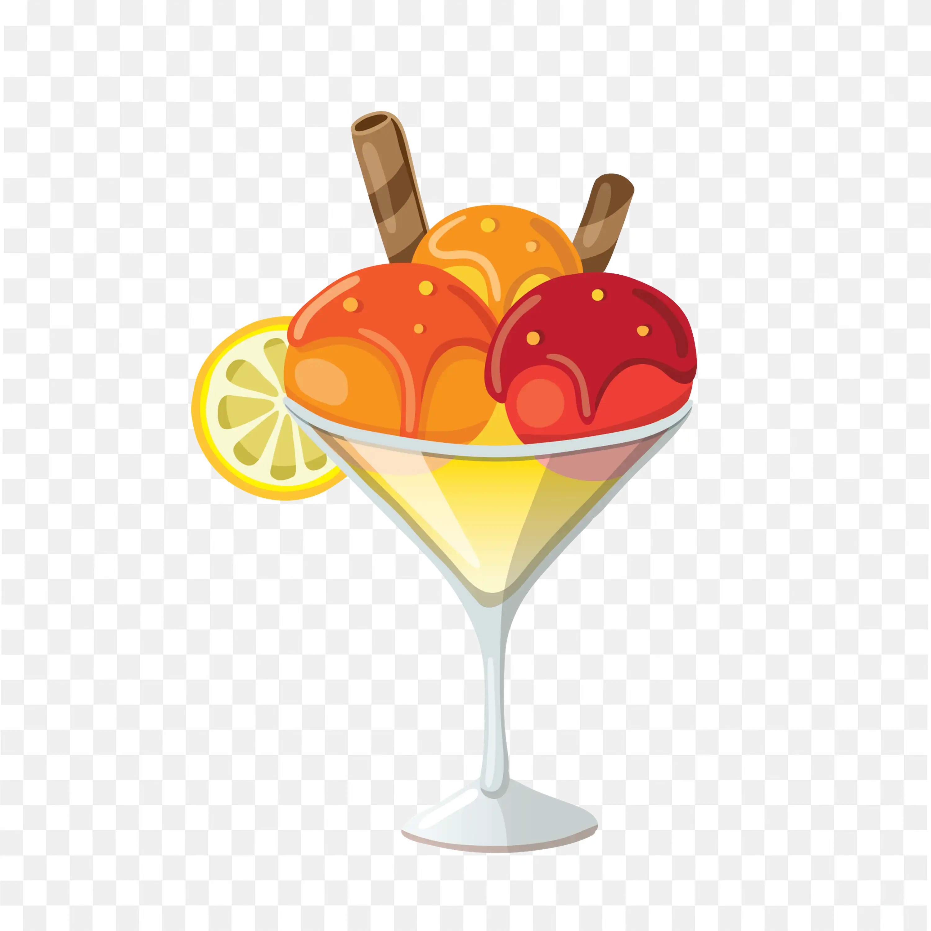 Colorful Ice Cream in a Glass with Lemon Slice and Water