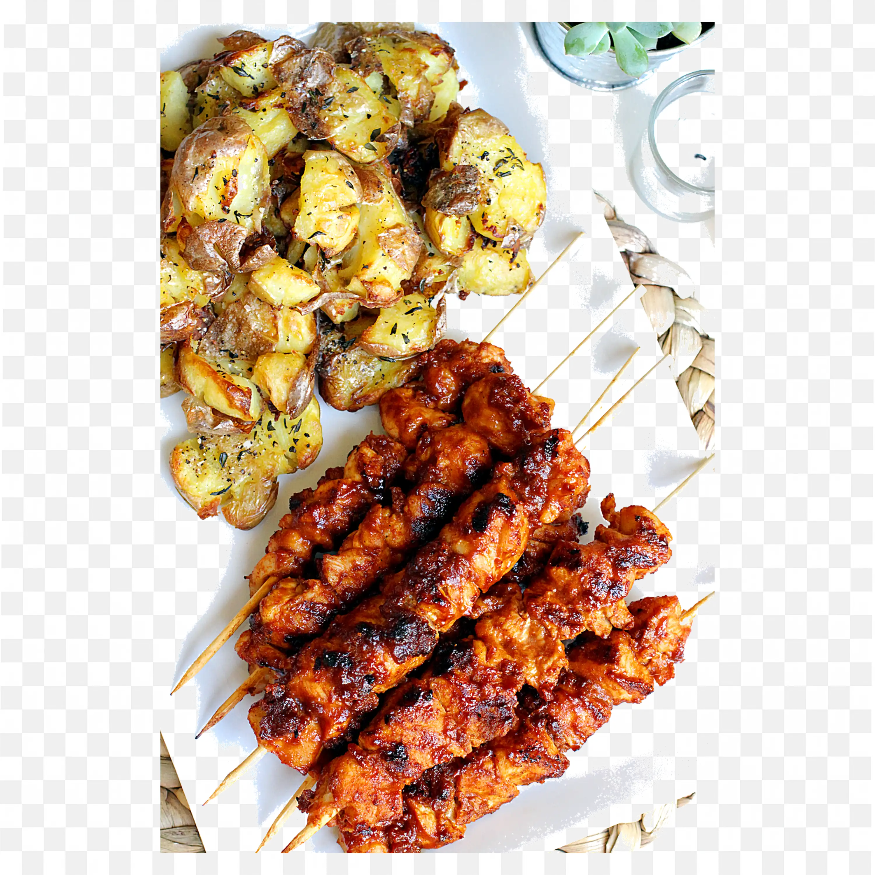 Crispy Grilled Chicken Skewers with Roasted Potatoes Png
