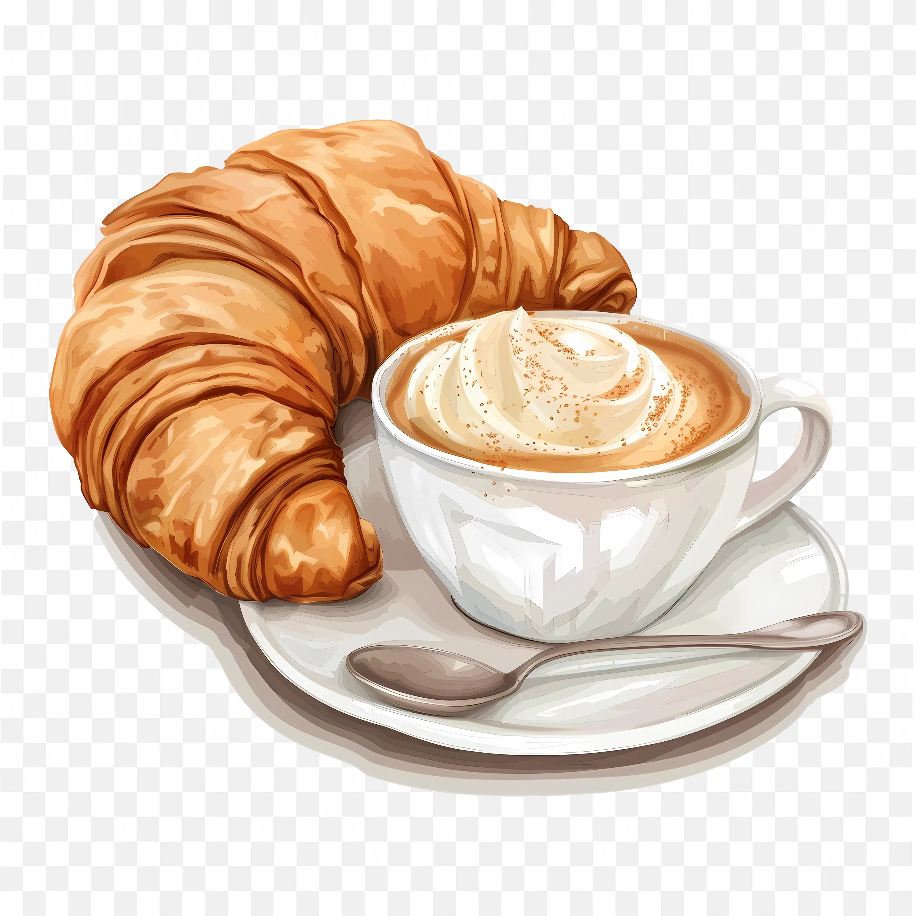 Croissant and Coffee with Cream Perfect Breakfast Combo Png
