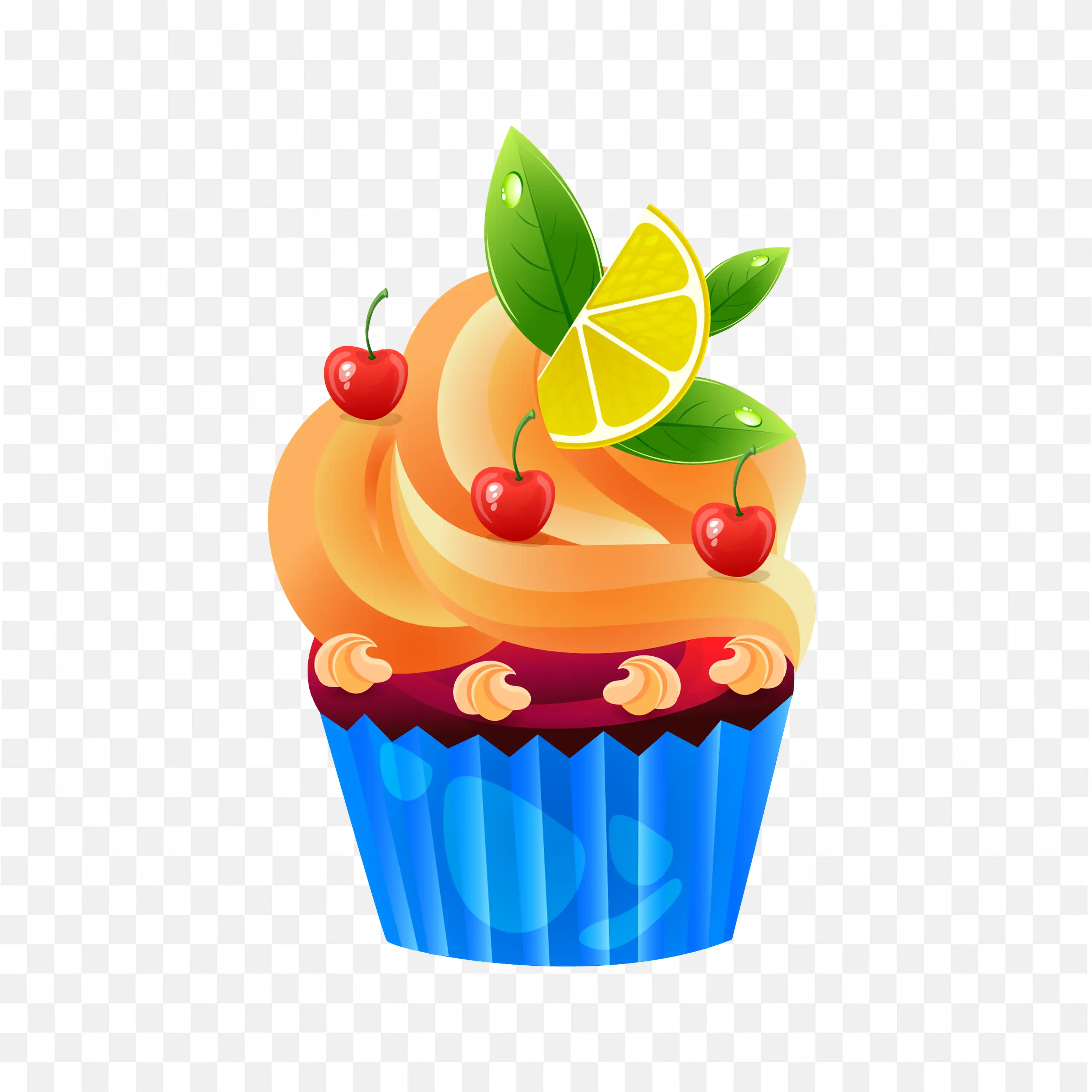 A Cupcake with Cherry Lemon and Mint Toppings Png Image