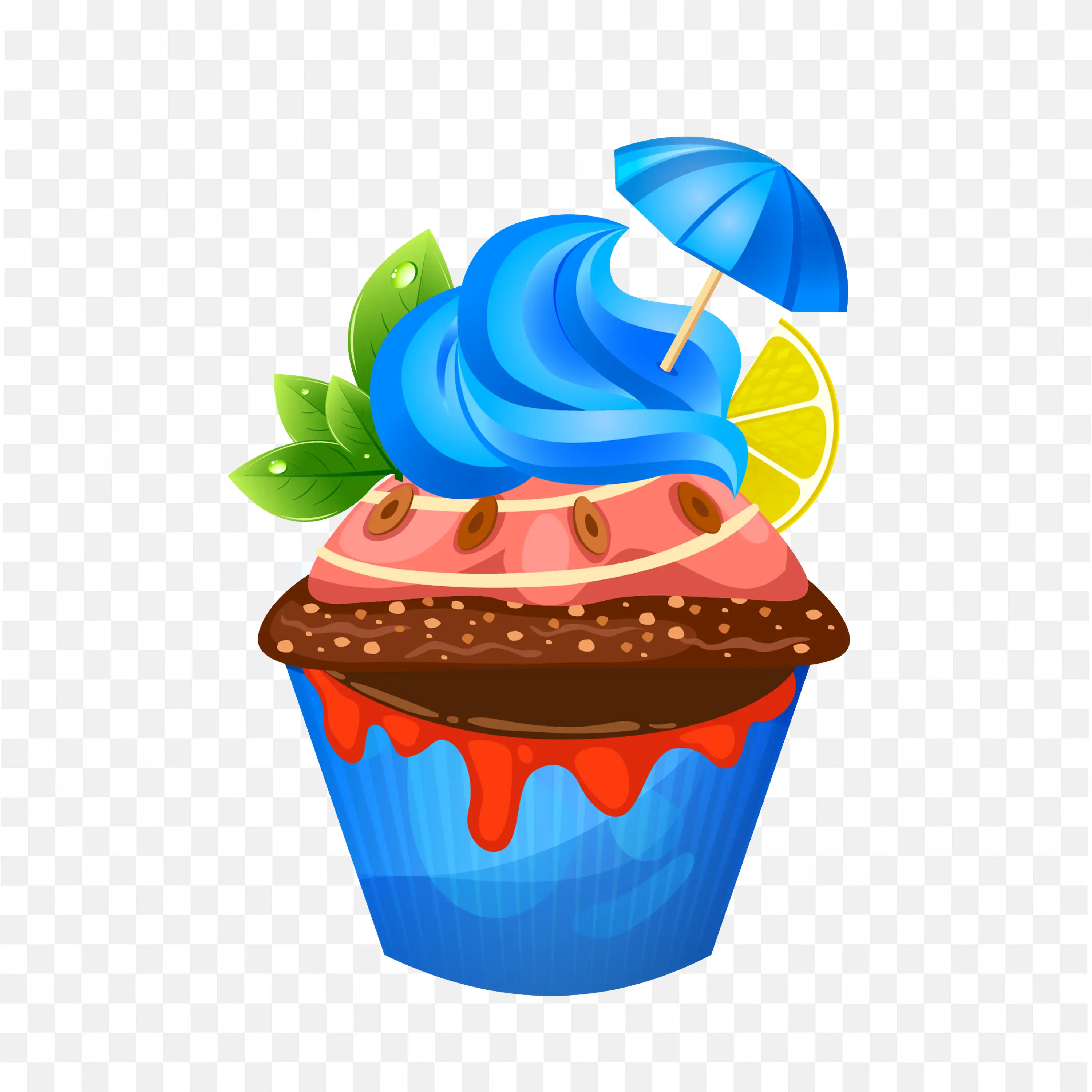 Cupcake in Chocolate Flavor with Blue Cream and An Umbrella