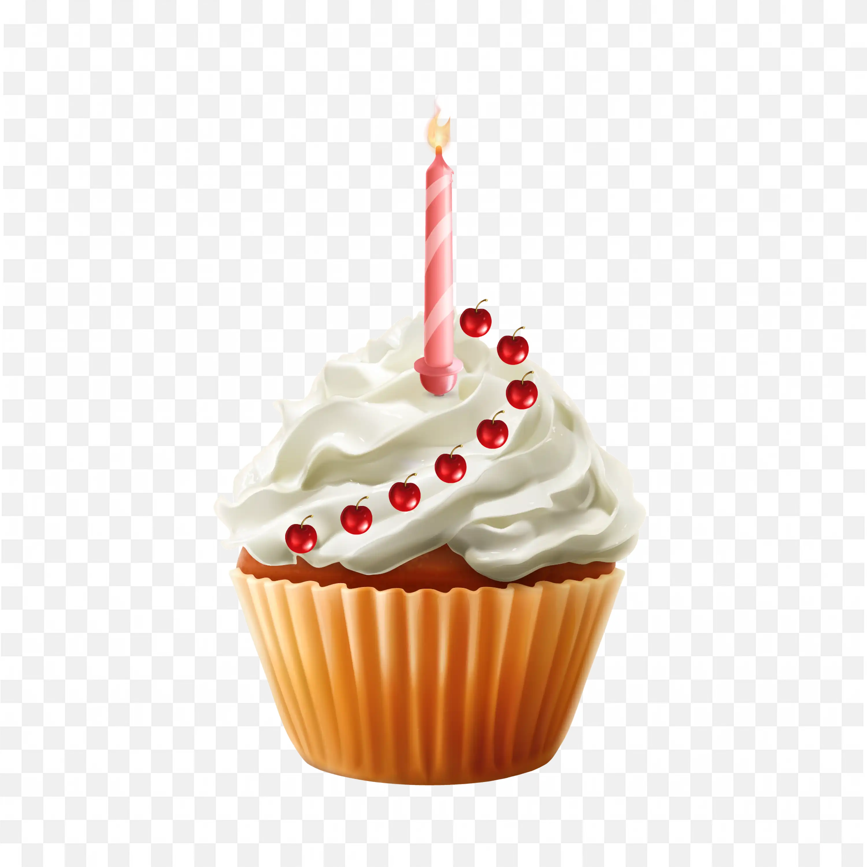Cupcake with Eight Arranged Cherry Fruits and a Candle Png