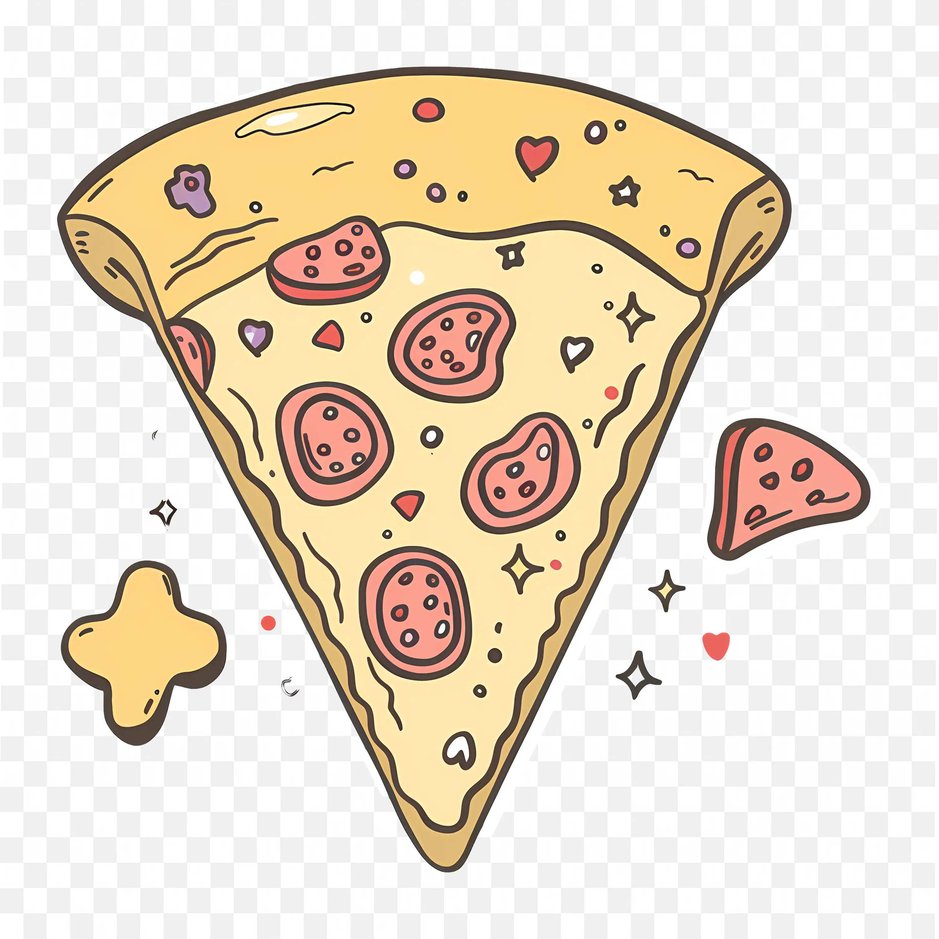 Cute Cartoon Pizza Slice with Toppings and Fun Decorations