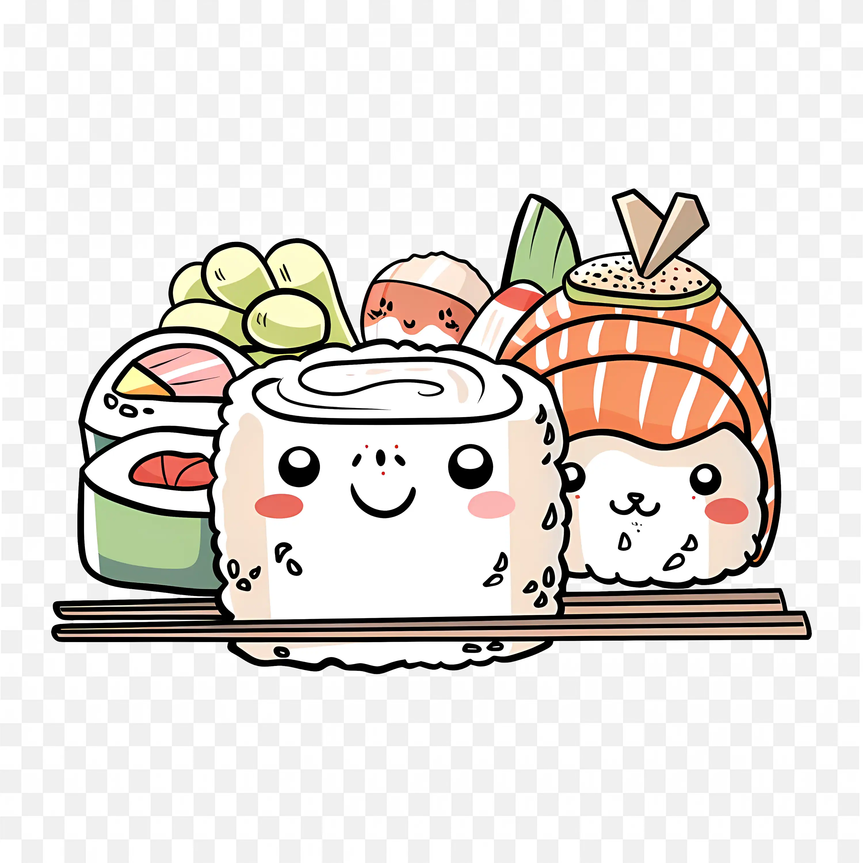 Cute Kawaii Sushi Roll and Nigiri Cartoon Characters Png