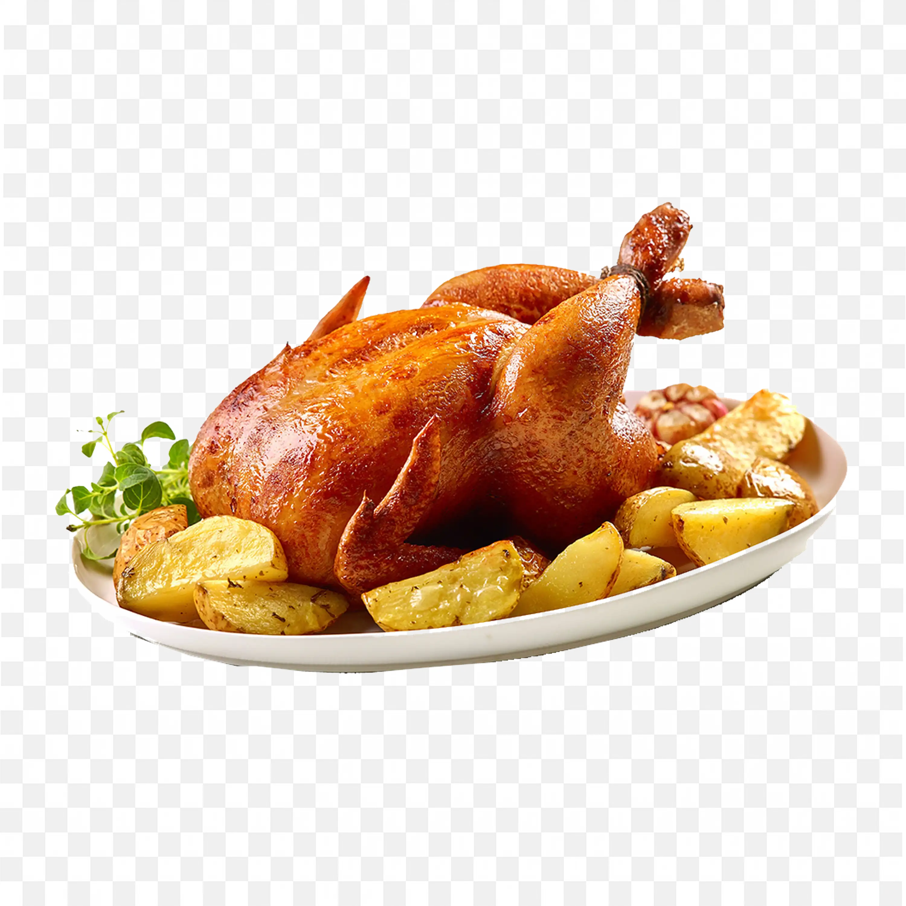 Full Roasted Chicken with Potatoes and Herbs on White Plate