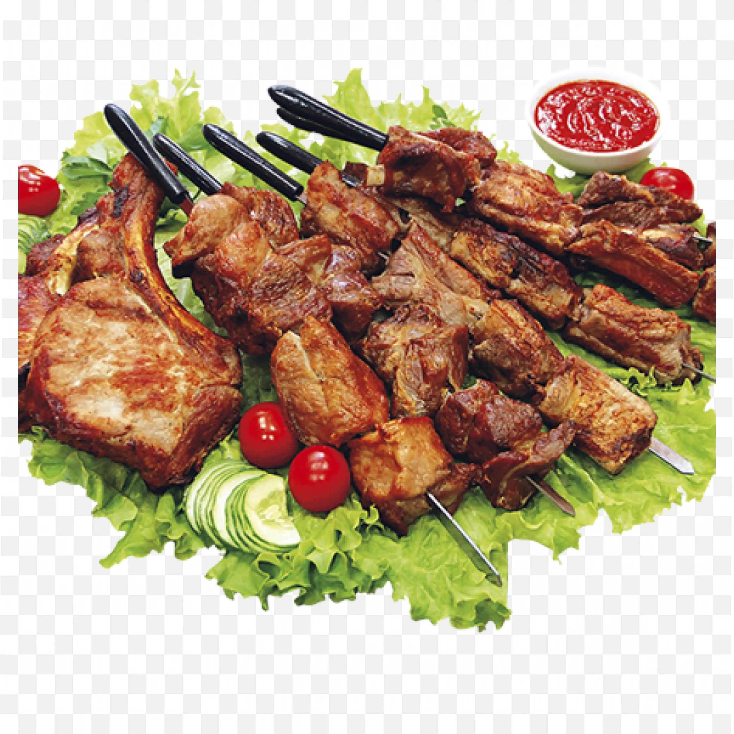 Grilled Meat Plate with Vegetables and Tomato Sauce Free Png