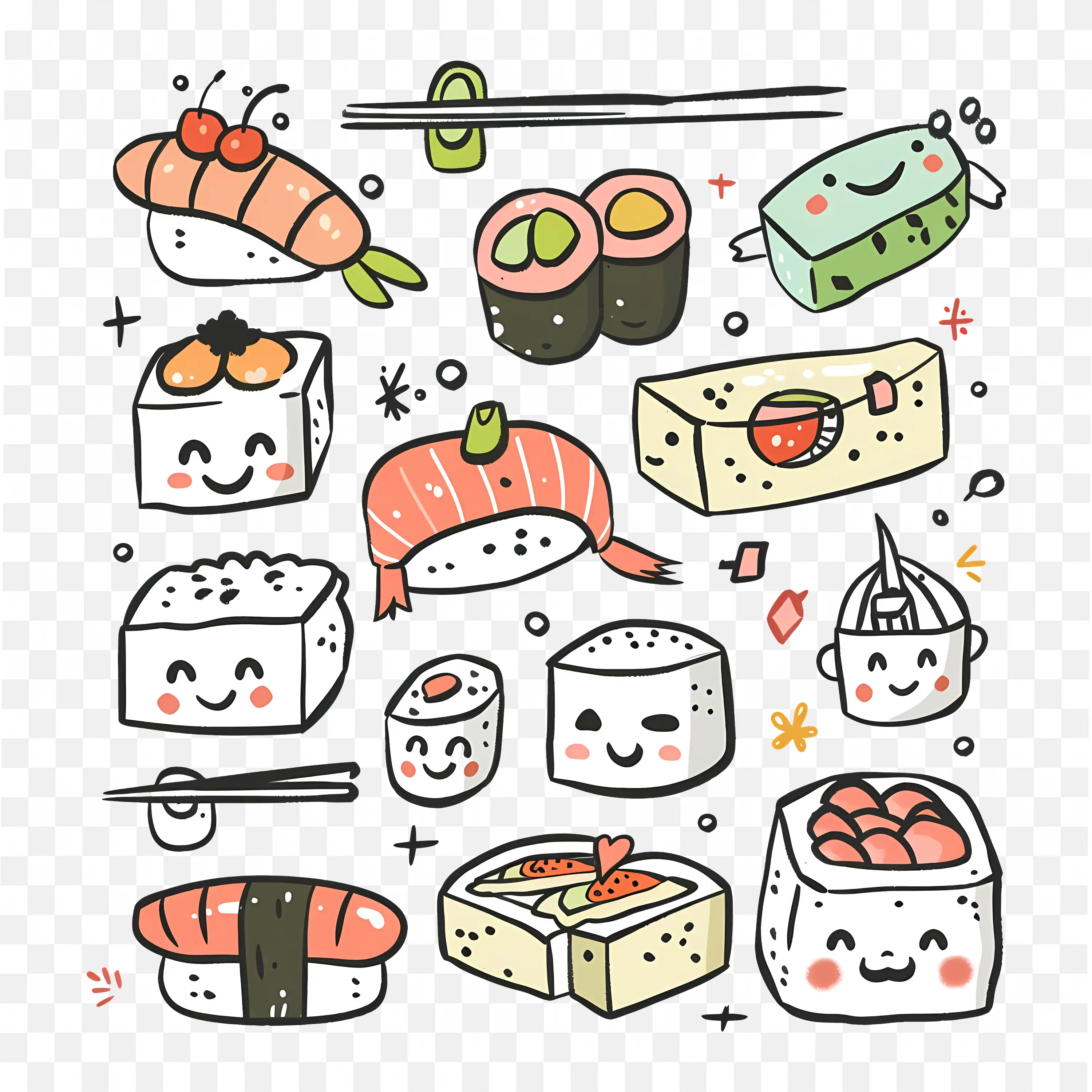 Kawaii Sushi Doodle Set Cute Japanese Food Characters Png