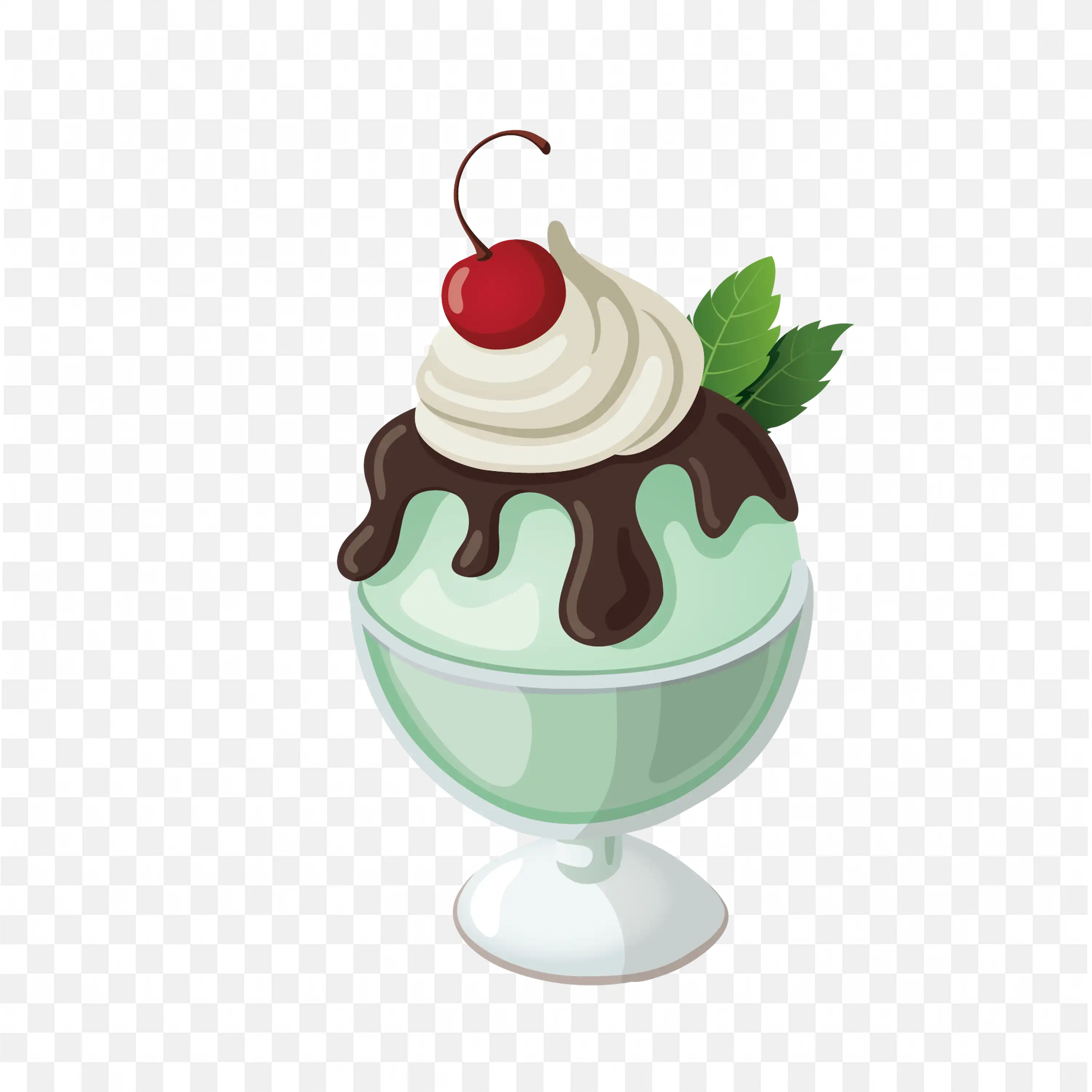 Mint Ice Cream Dessert with Chocolate Syrup and Cherry Png