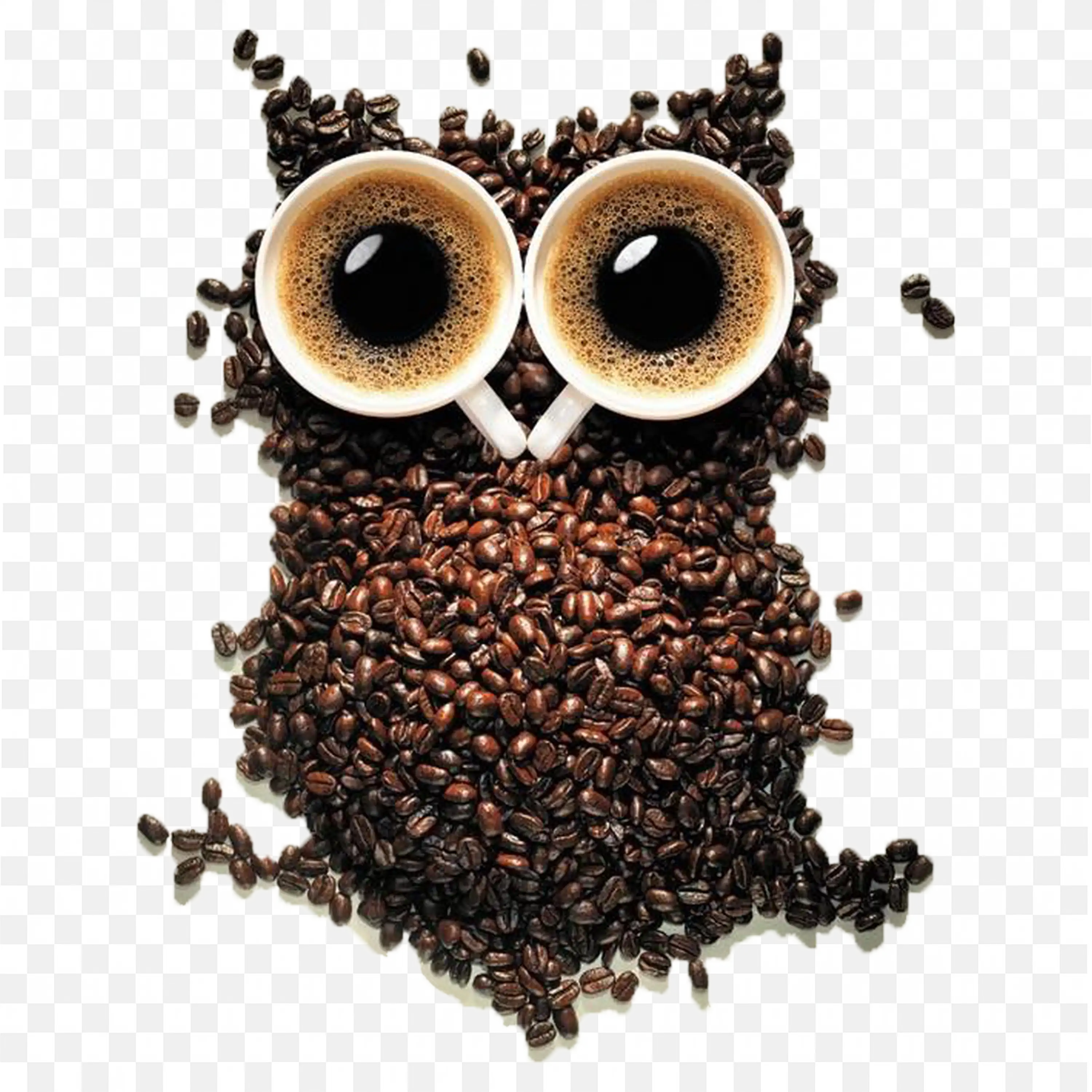 An Owl Art with Roasted Coffee Beans and a Coffee Cup Png