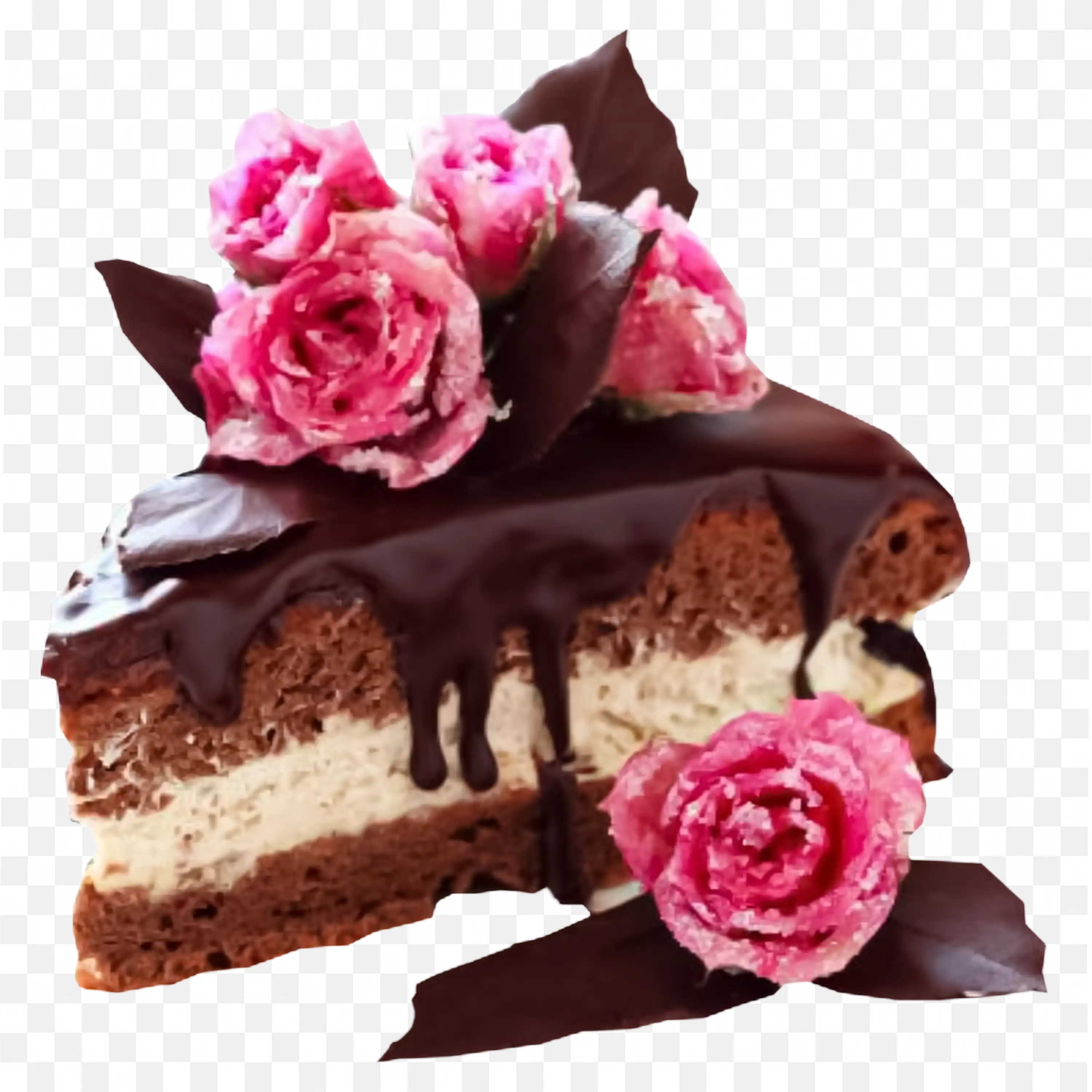 A Piece of Chocolate Cake with Rose Flower Decoration Png