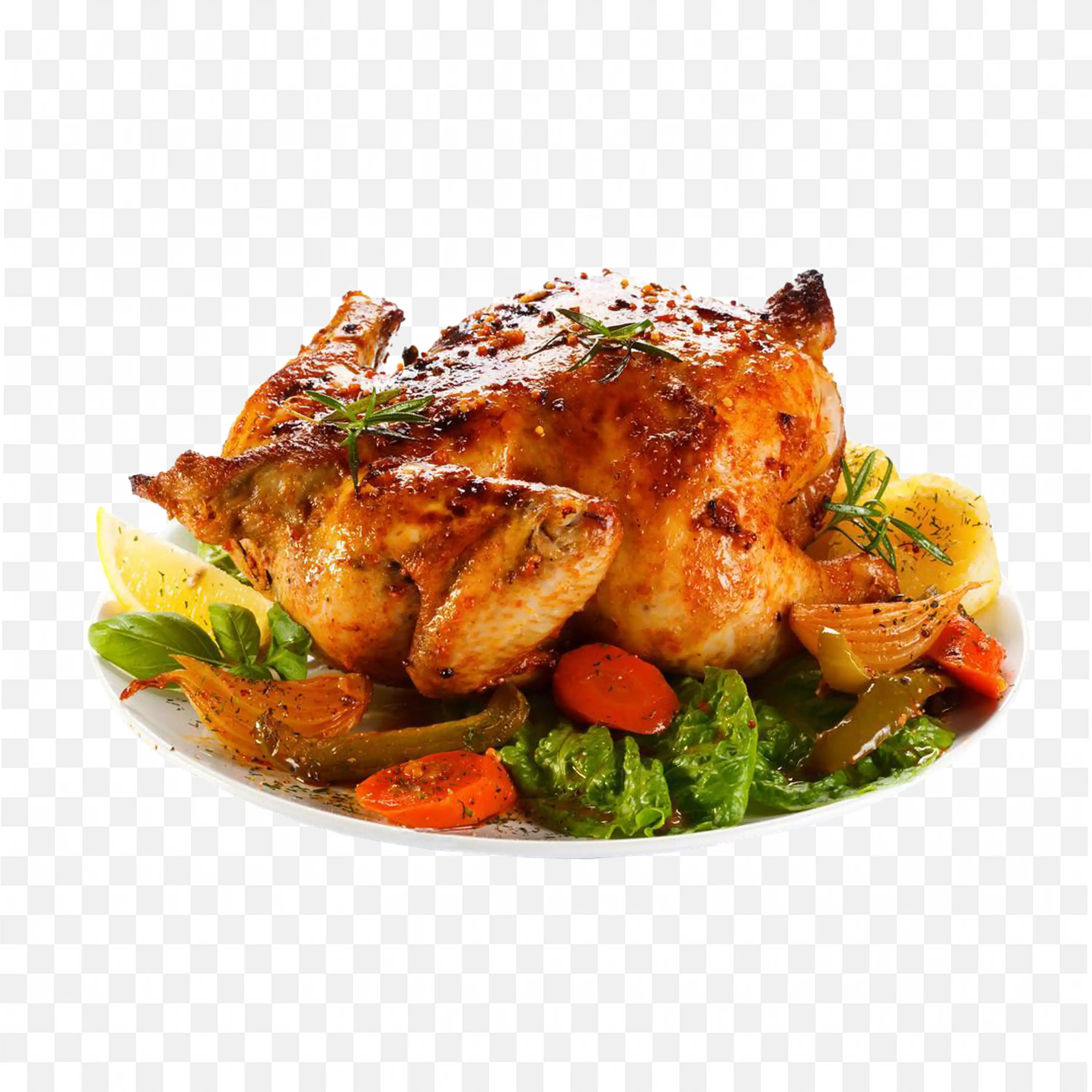 A Plate of Roasted Full Chicken with Vegetables HD Free Png