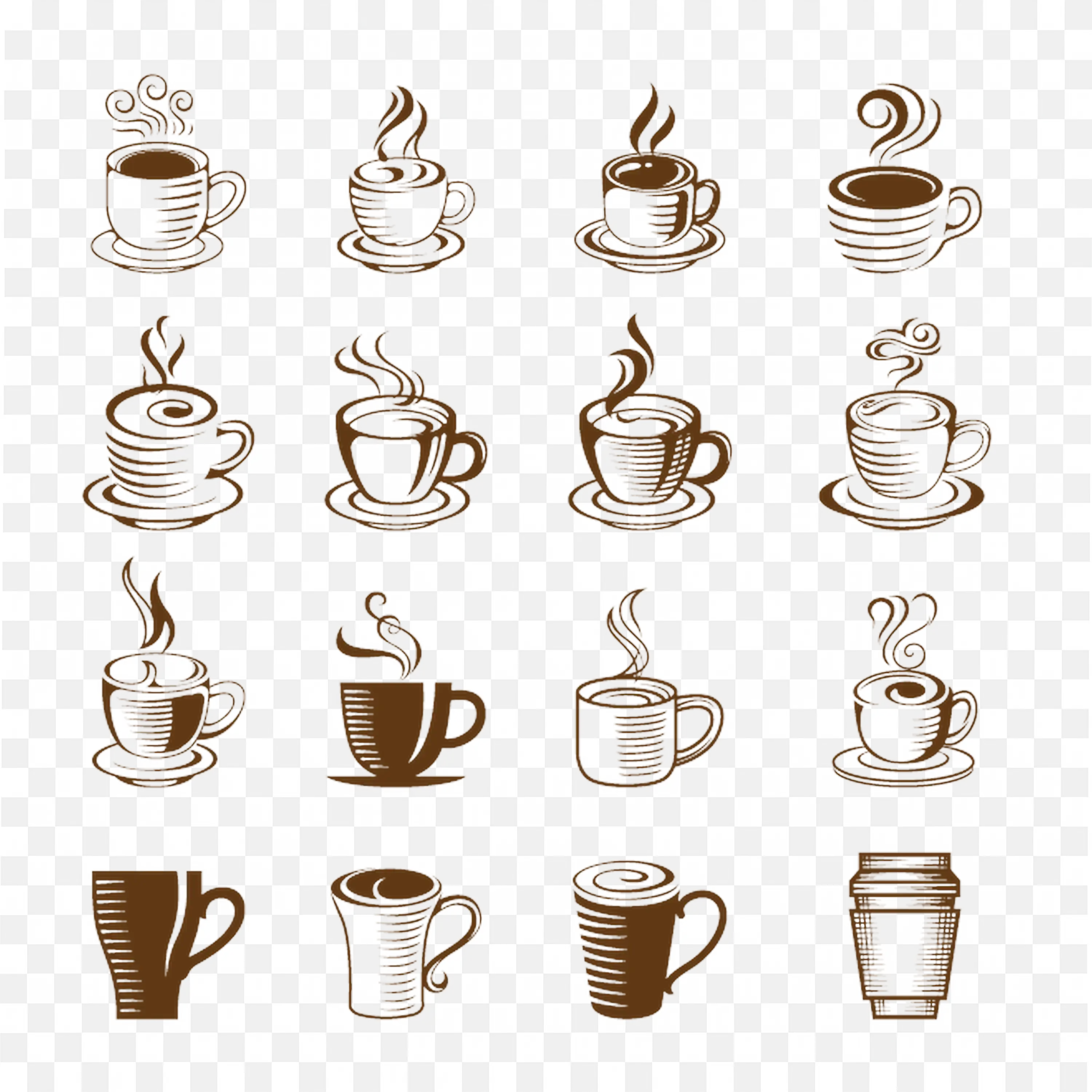 A Set of Drawn Coffee Cup Icons with Steam Transparent Image
