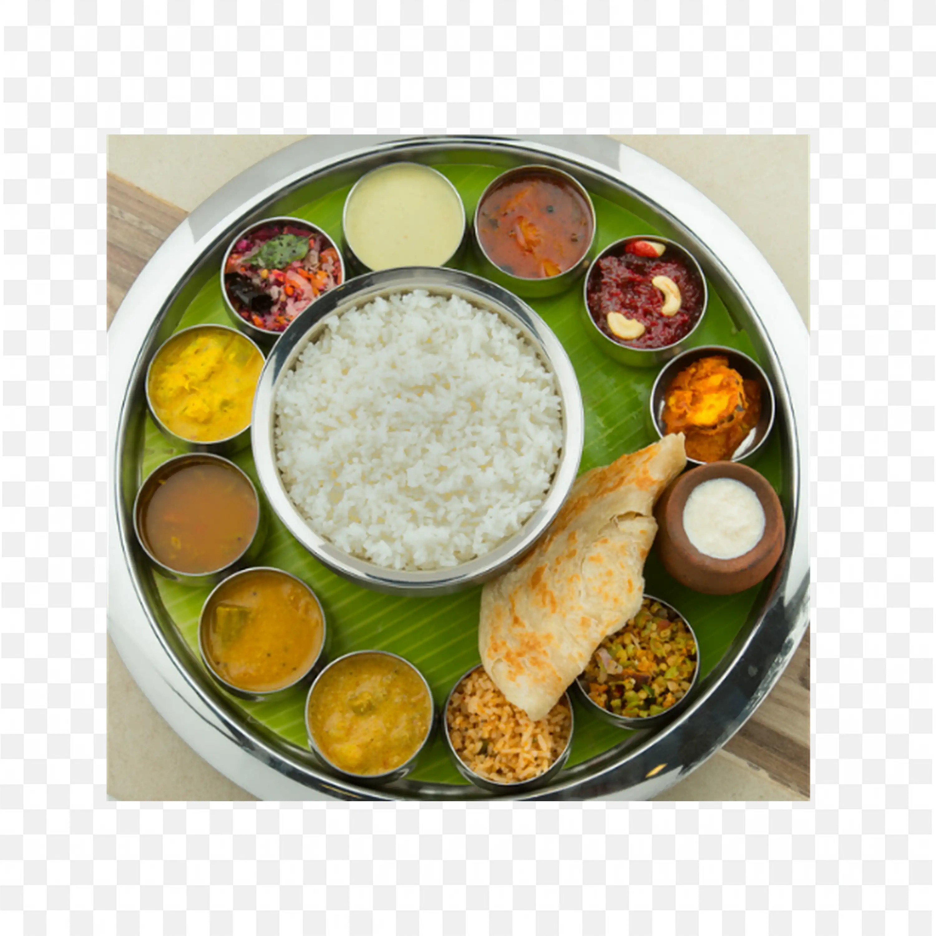 South Indian Vegetarian Thali with Rice Curry and Sides Png