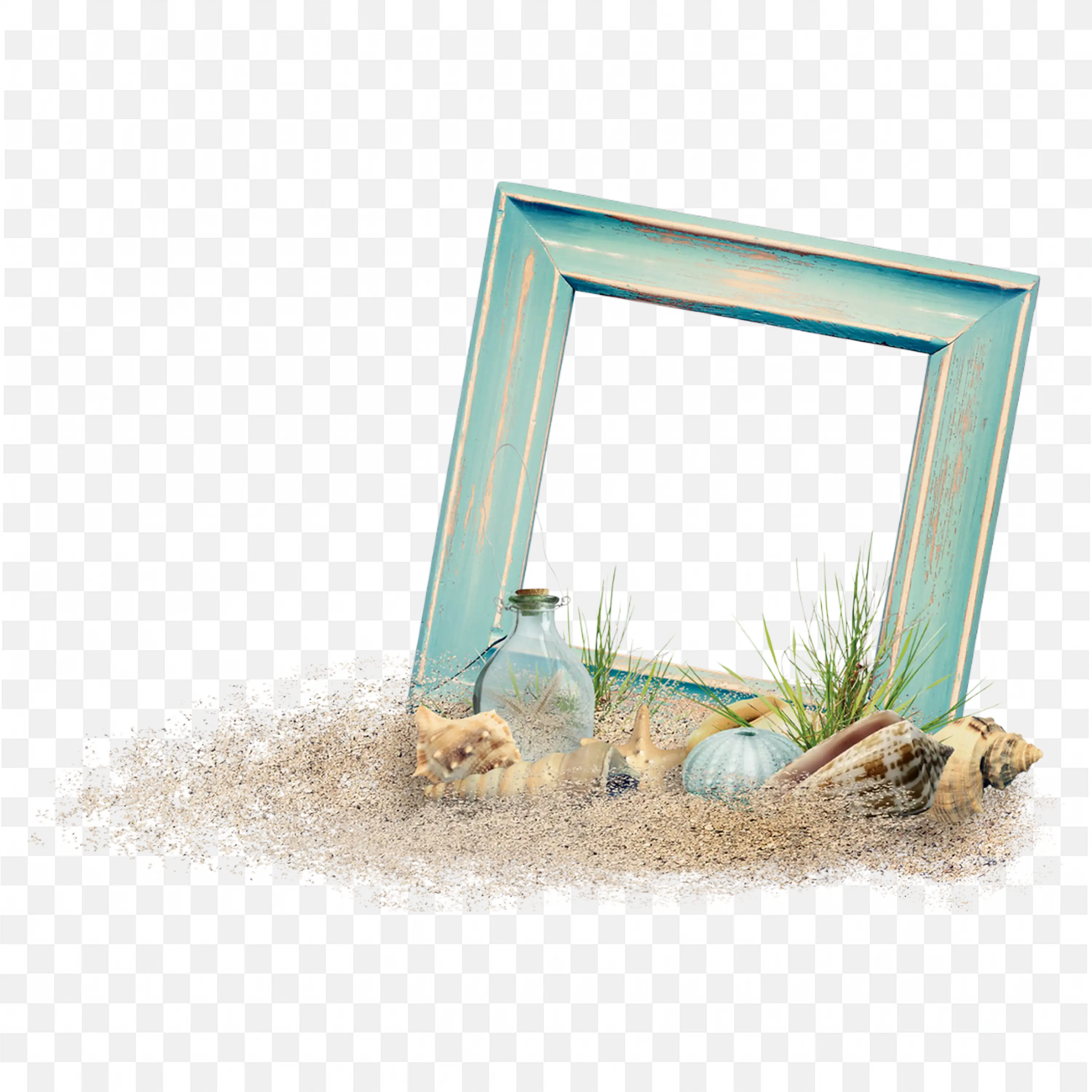 Beach Themed Blue Wooden Frame with Sand and Shells Png