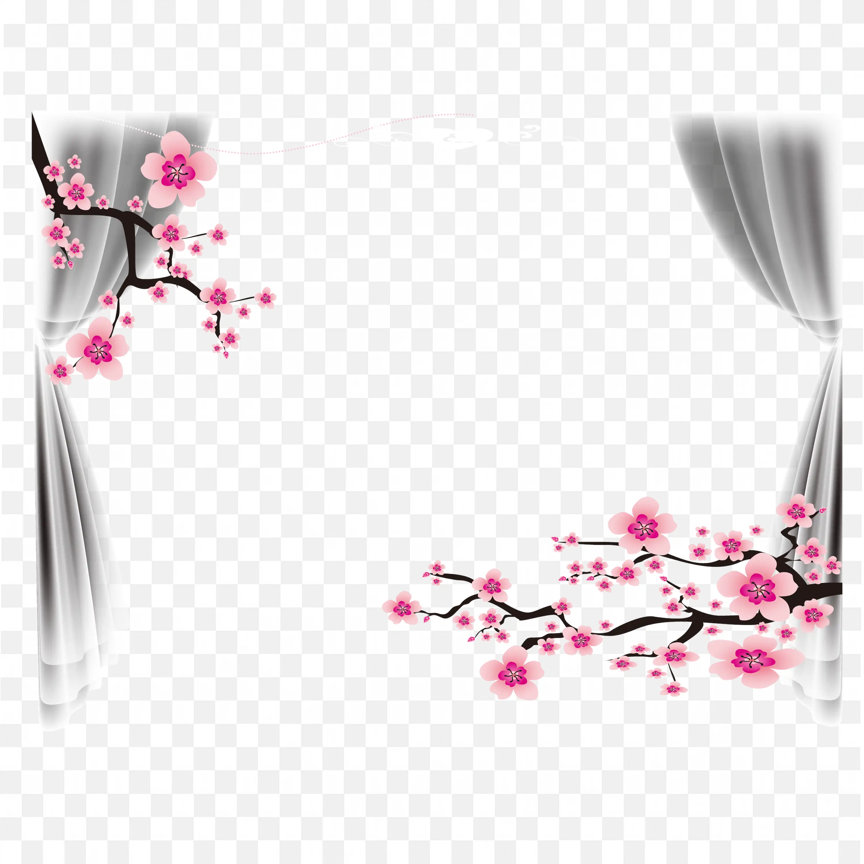 Black Curtain with Pink Flowers Elegant Photo Frame Png