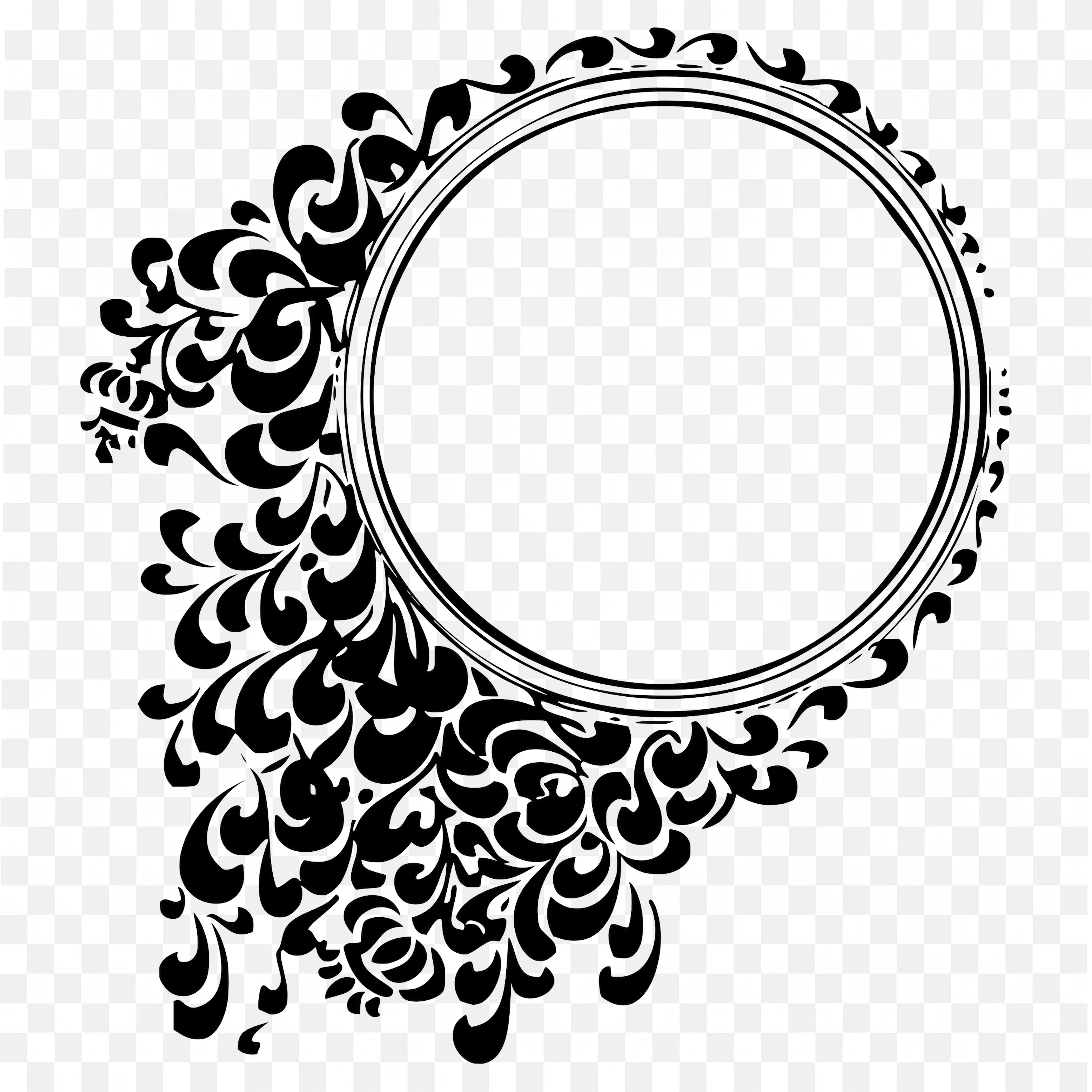 Black Ornamental Circle Frame with Droplet Vine Accent