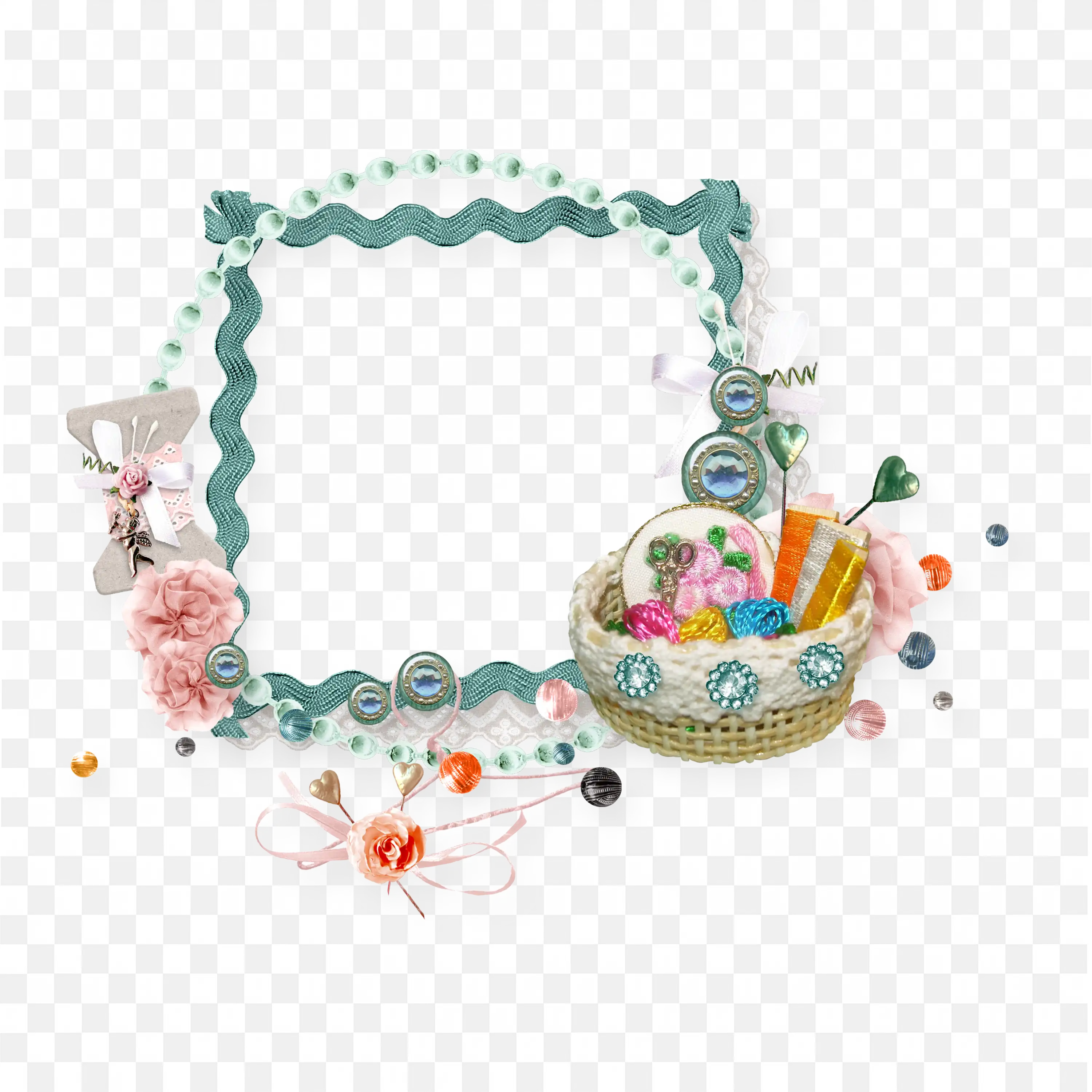 Blue Beaded Frame with Peach Flowers and Green Leaves