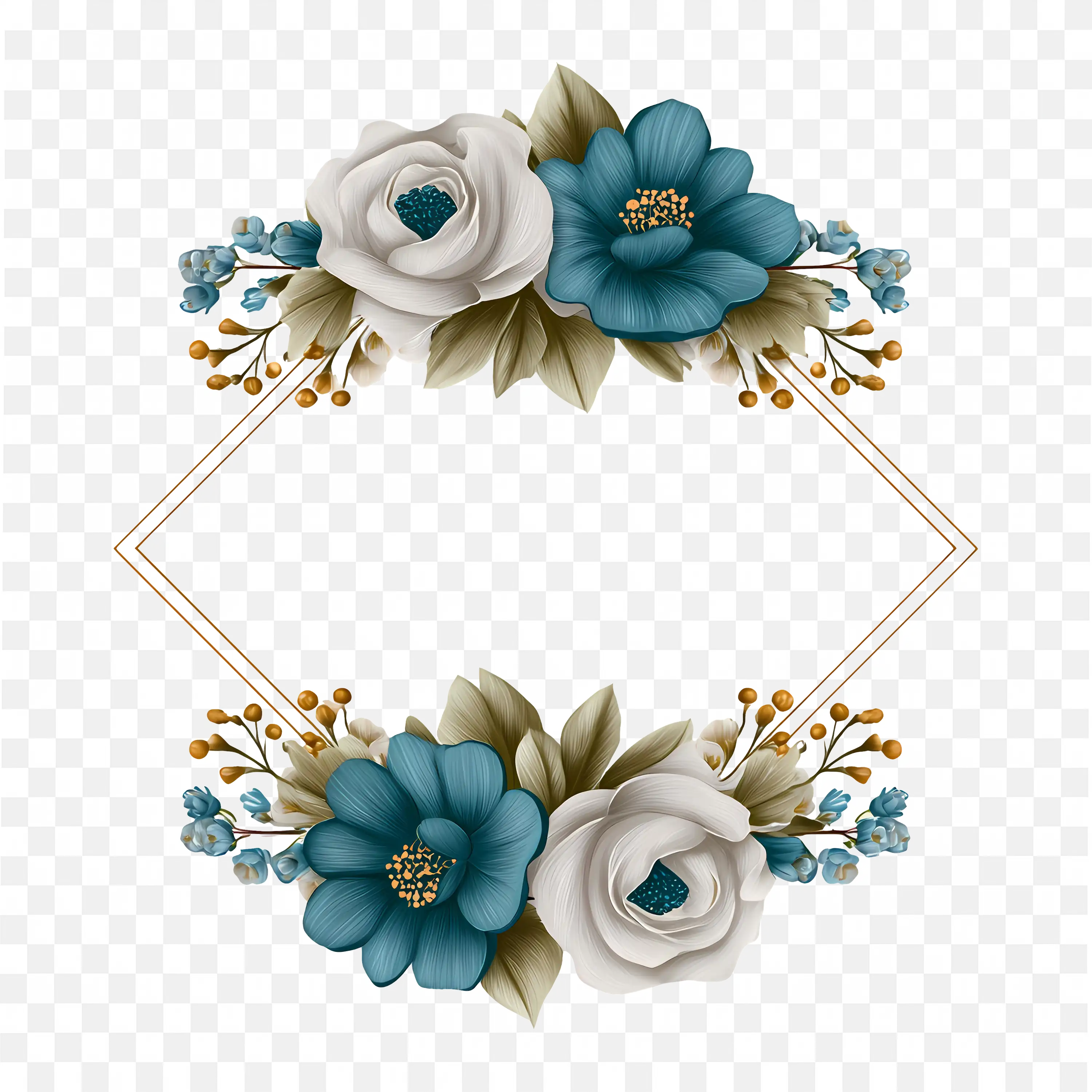 Blue and Cream Flowers in Elegant Symmetrical Floral Frame