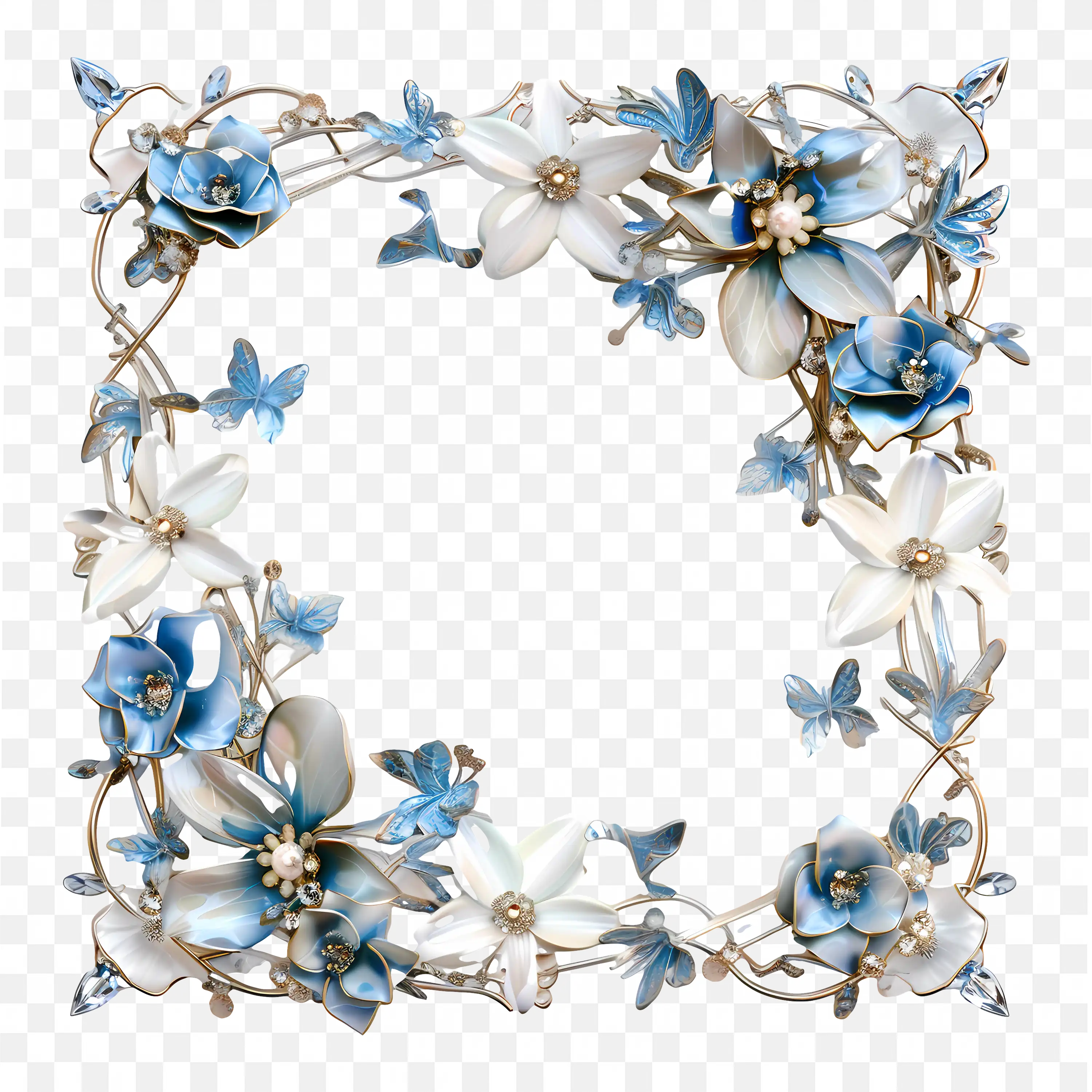 Blue Floral Square Frame with Soft White Background Fill