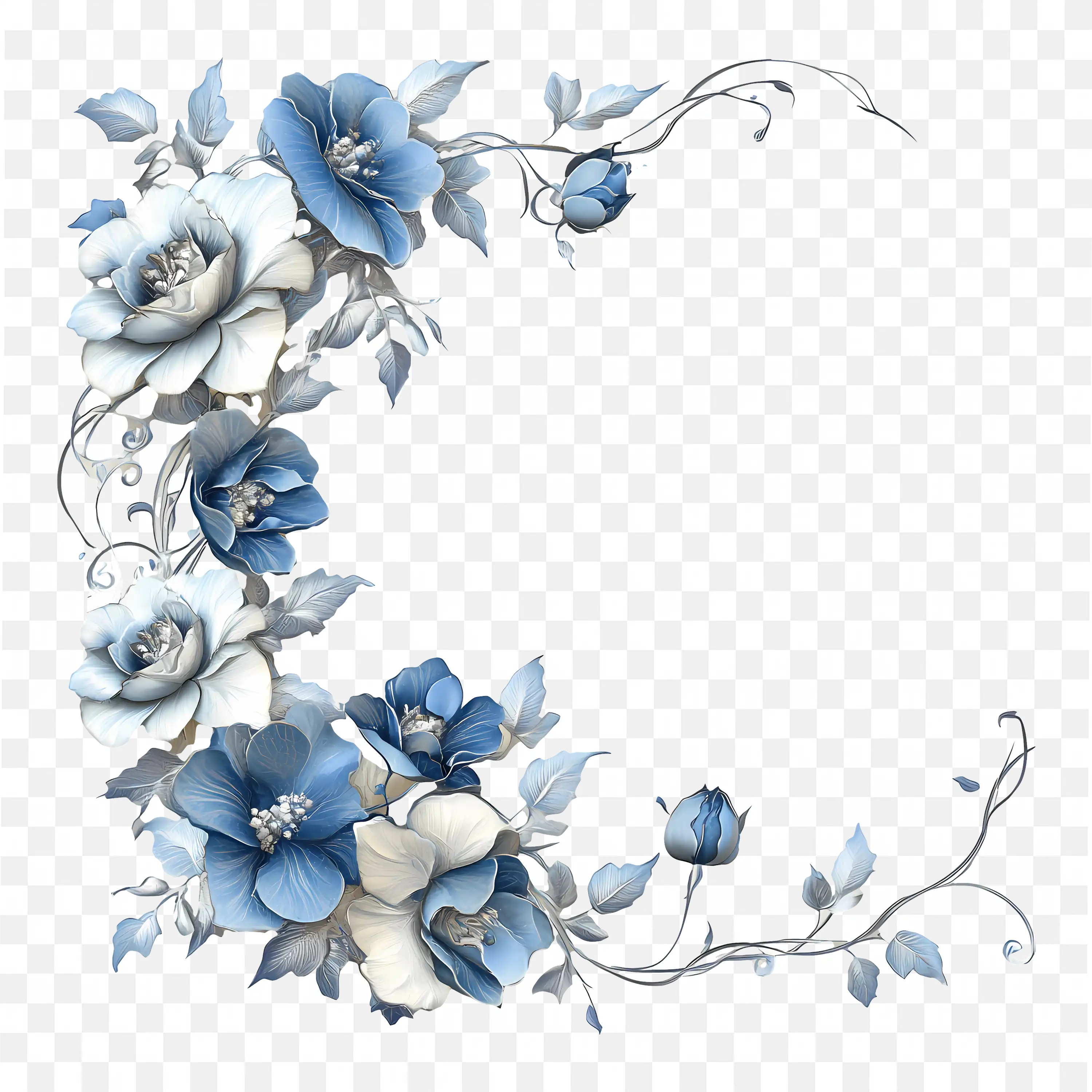 Blue Flower Frame with Swirls and Petals for Invitations