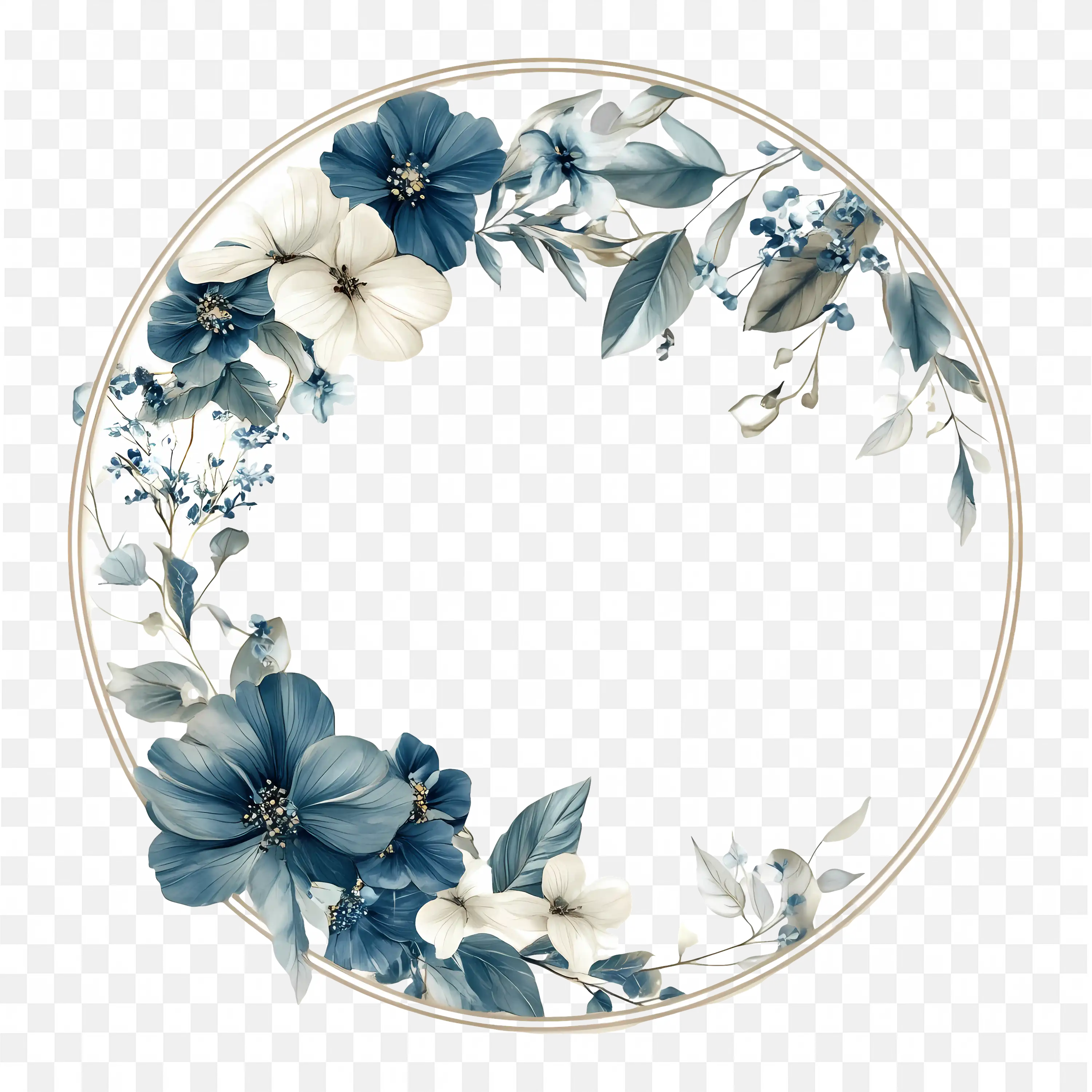 Blue and White Floral Circular Elegant Frame Png