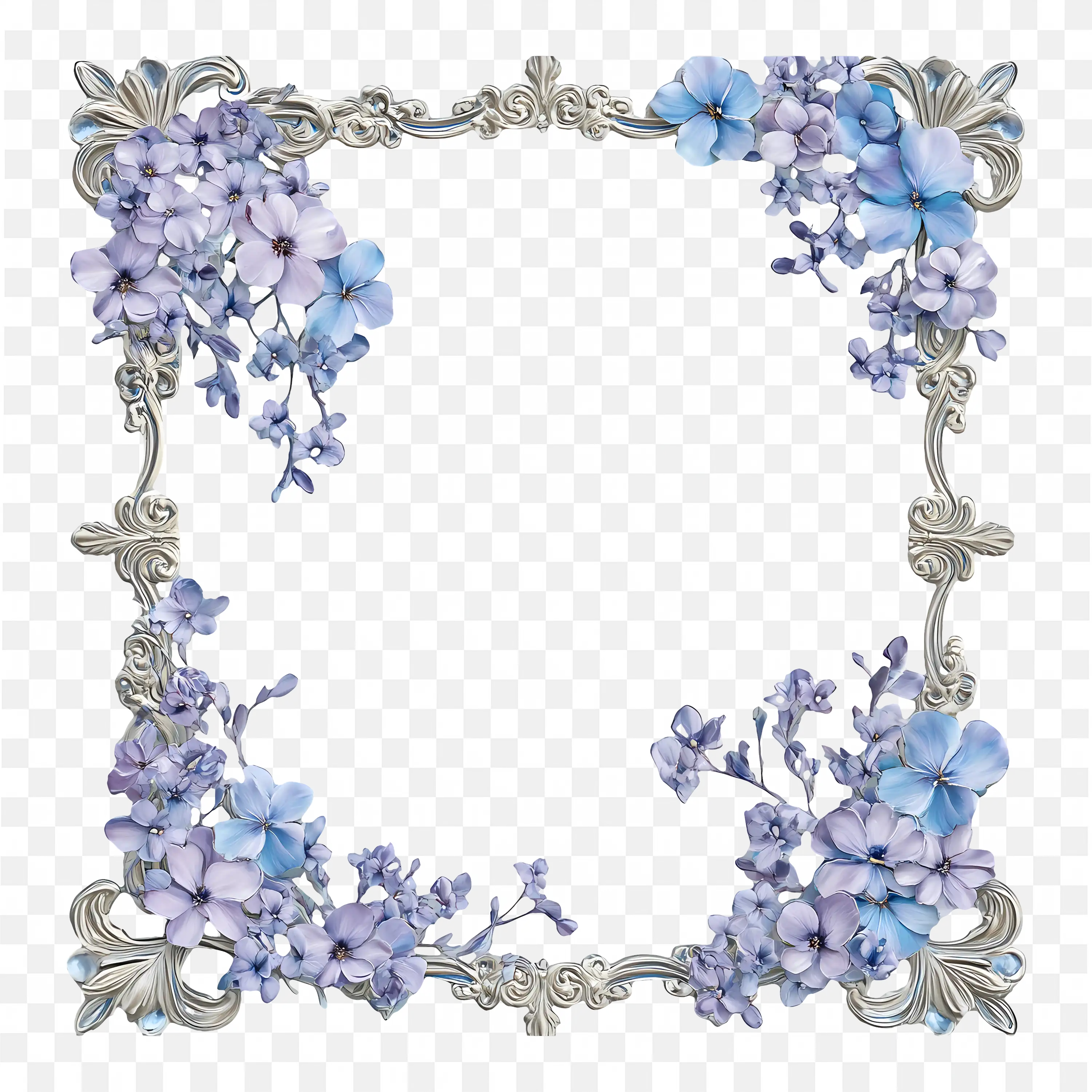 Blue and White Floral Square Elegant Wreath Frame Png