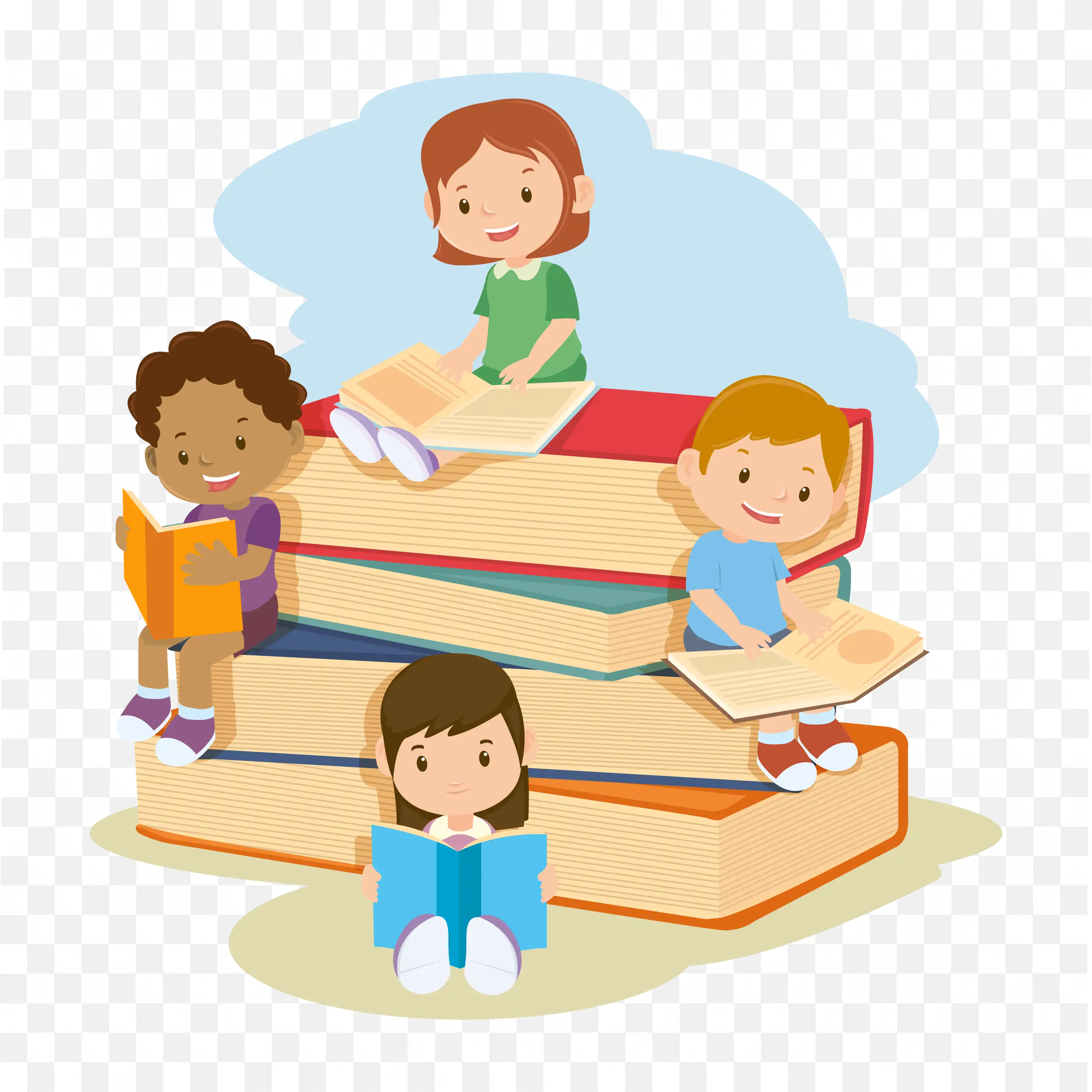 Cartoon Kids Reading Books Learning Together Clipart Art Png