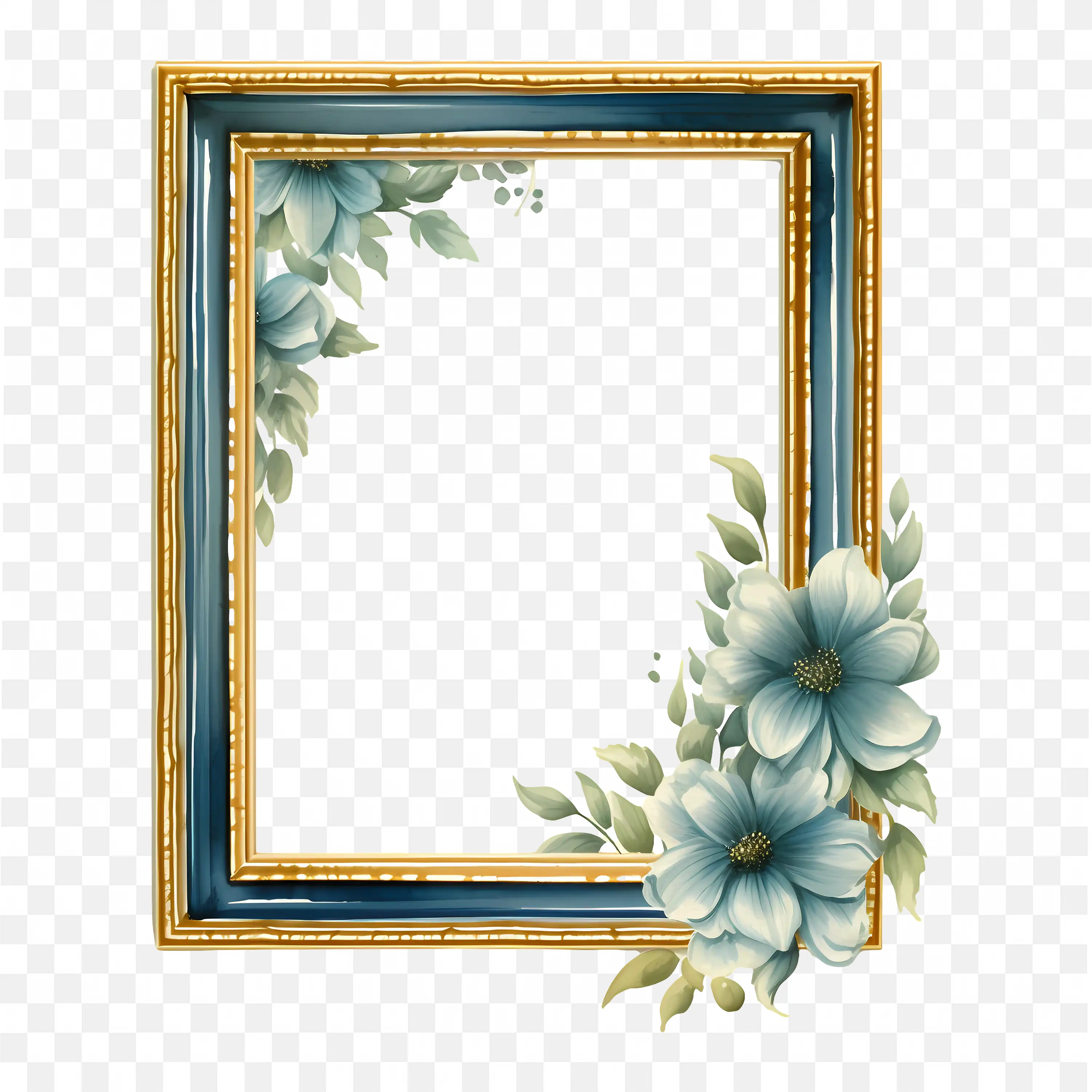 Classic Golden Frame with Blue Green Leaf Accent Png
