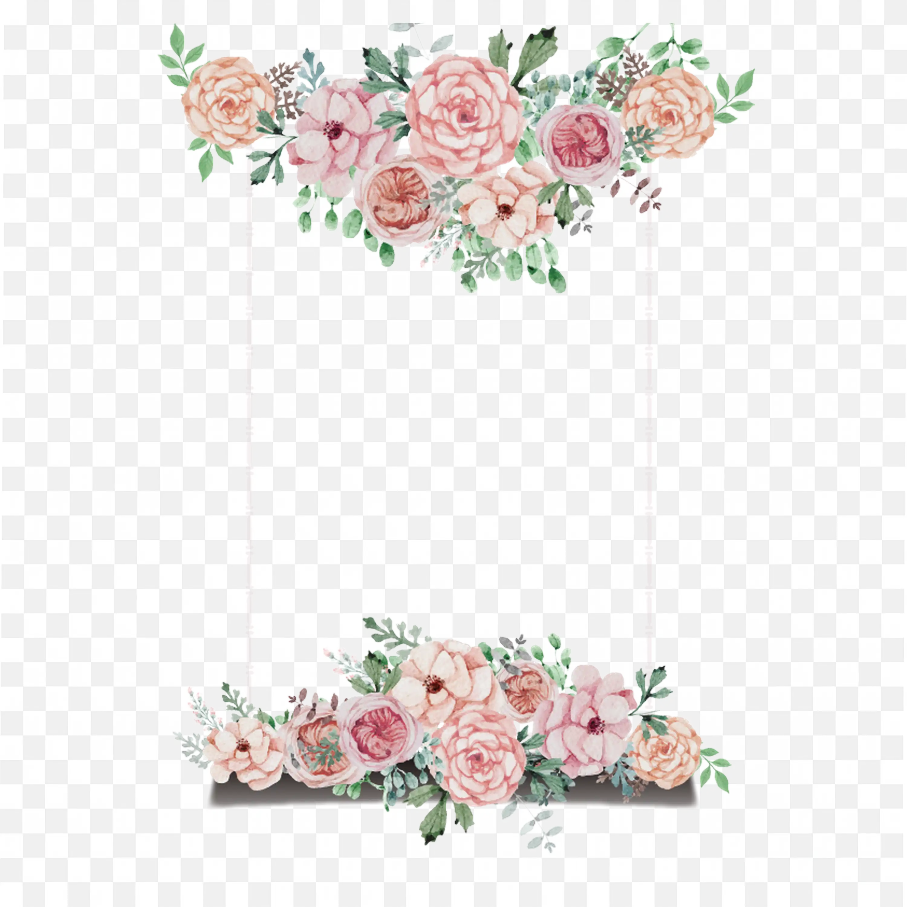 Corner Floral Frame with Pink Roses and Green Leaf Vines