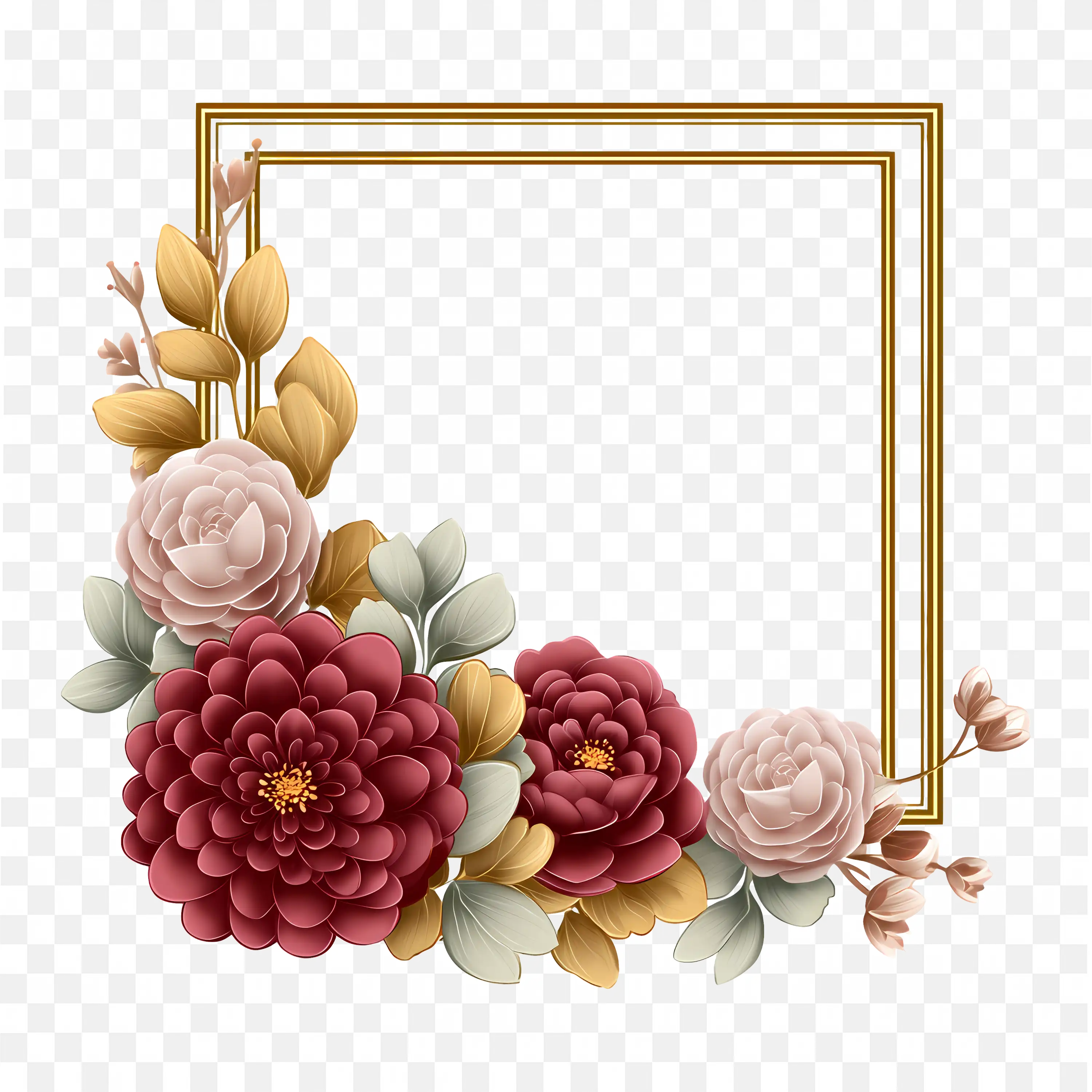 Dark Red and Blush Floral Arrangement in a Gold Square Frame