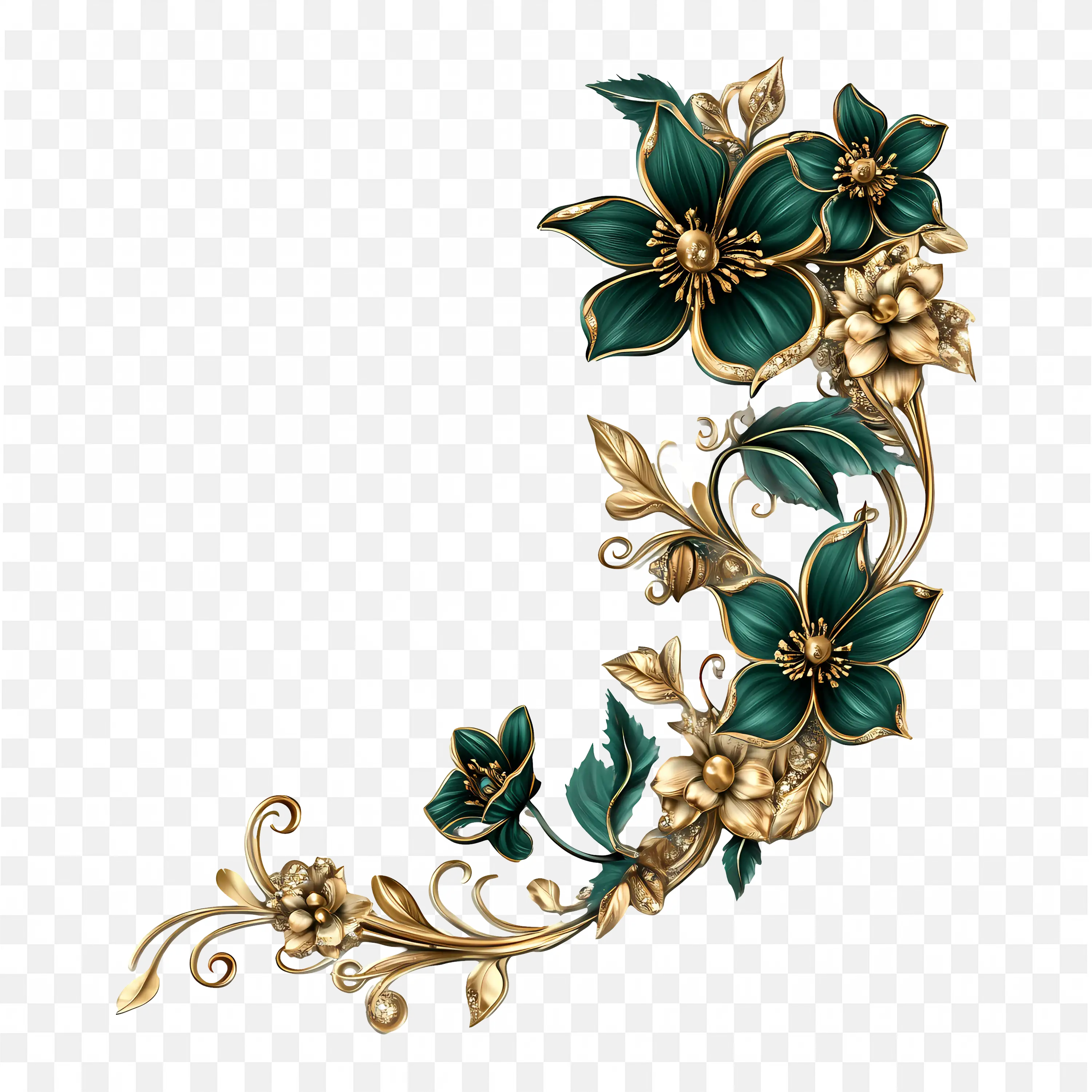 Elegant Gold Floral Corner Frame with Green Leaves Png