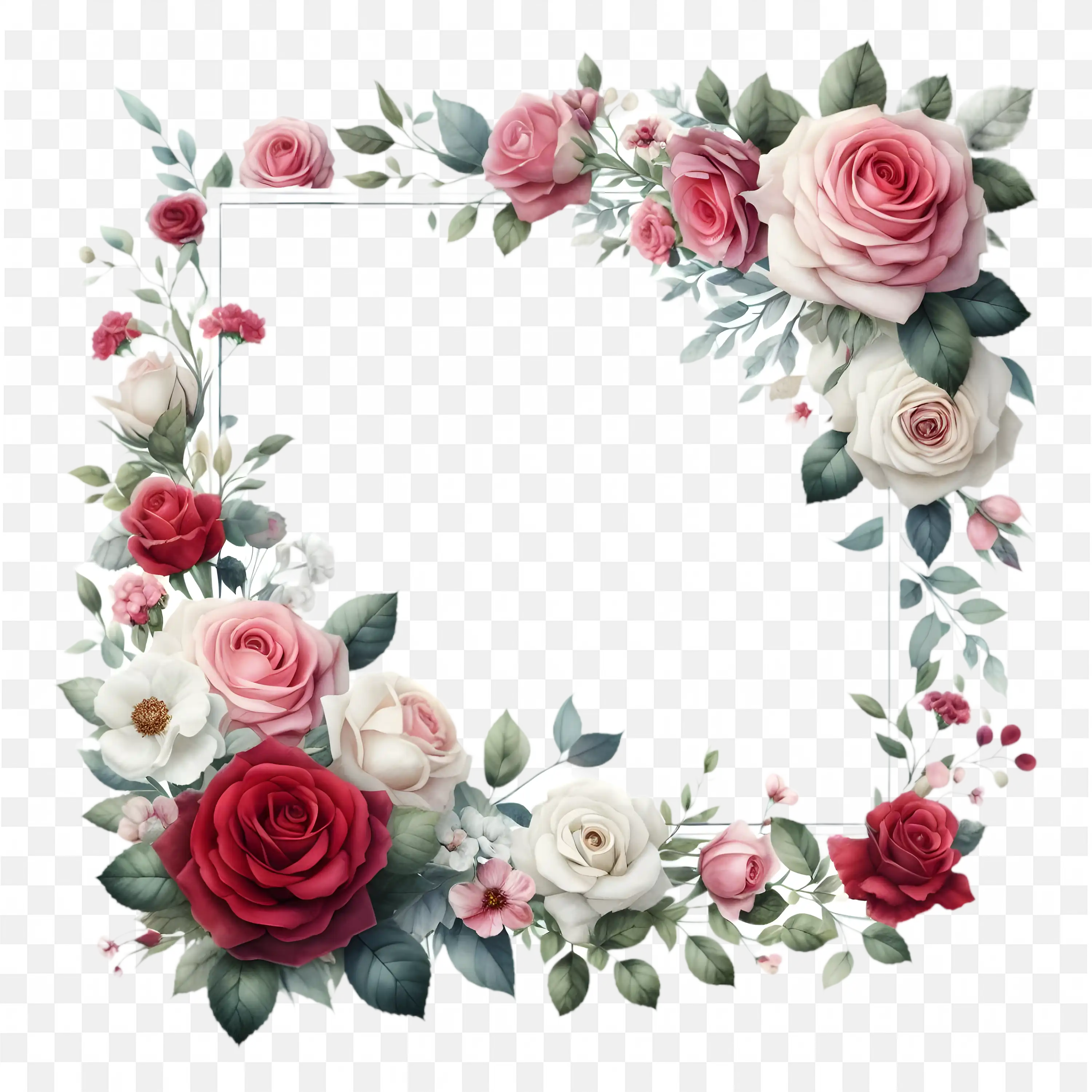 Elegant Pink Rose Floral Frame with Leaves and Vines Png