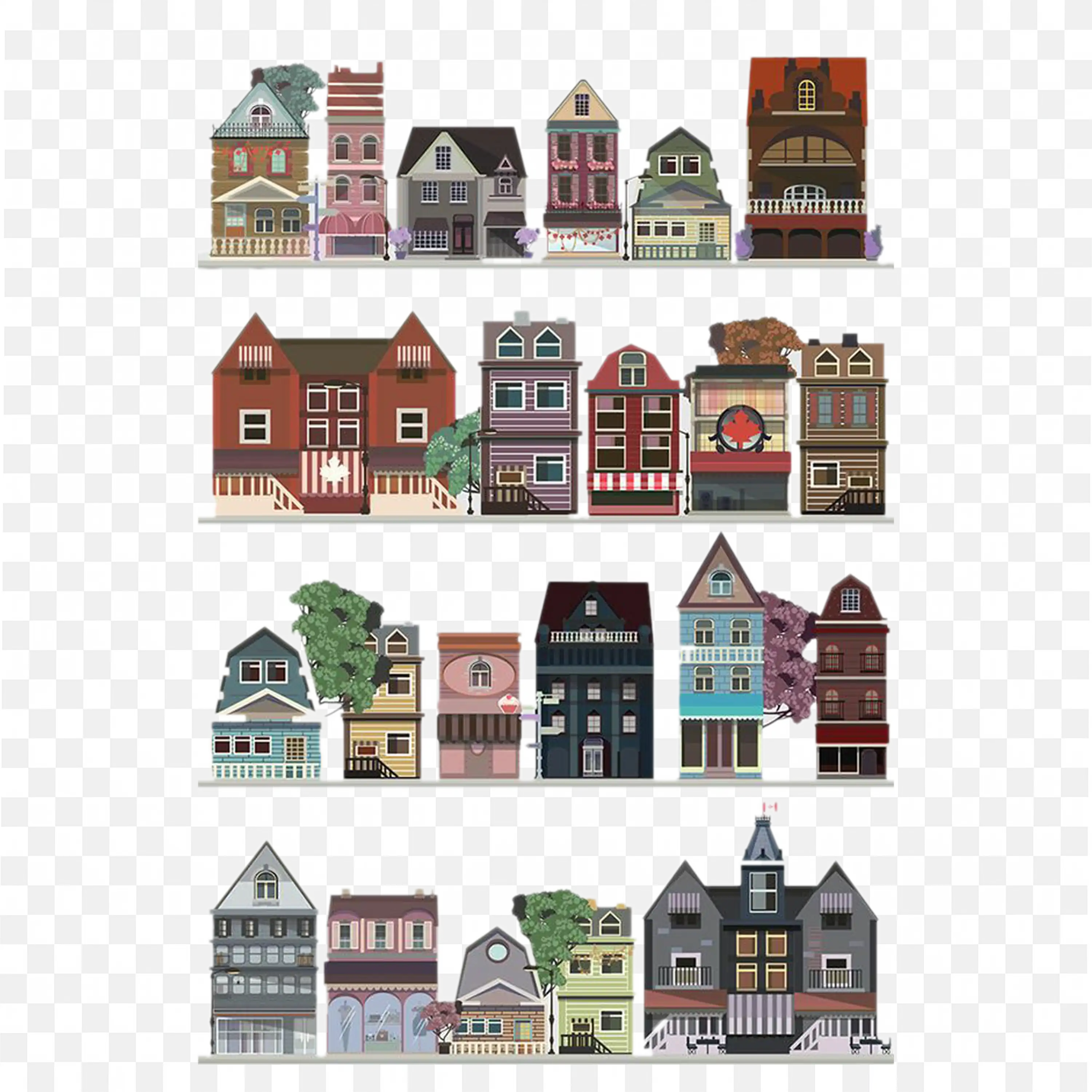 European Houses Row Buildings Illustration Frame Png