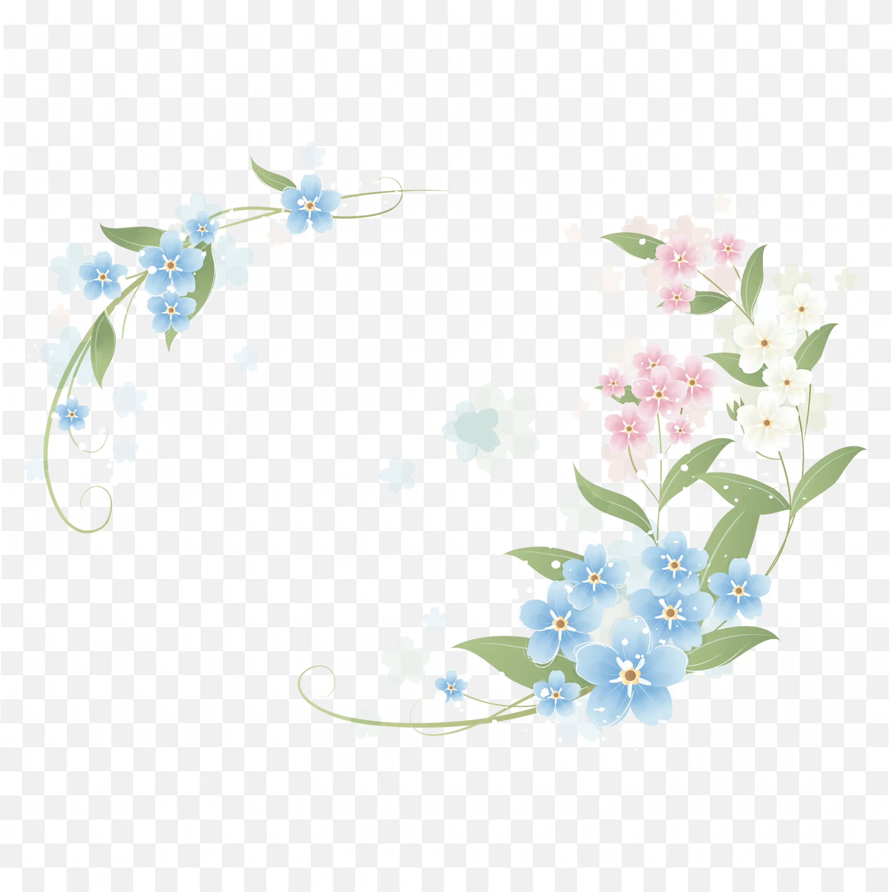 Floral Border Frame with Soft Blue Corner Flowers Design Png
