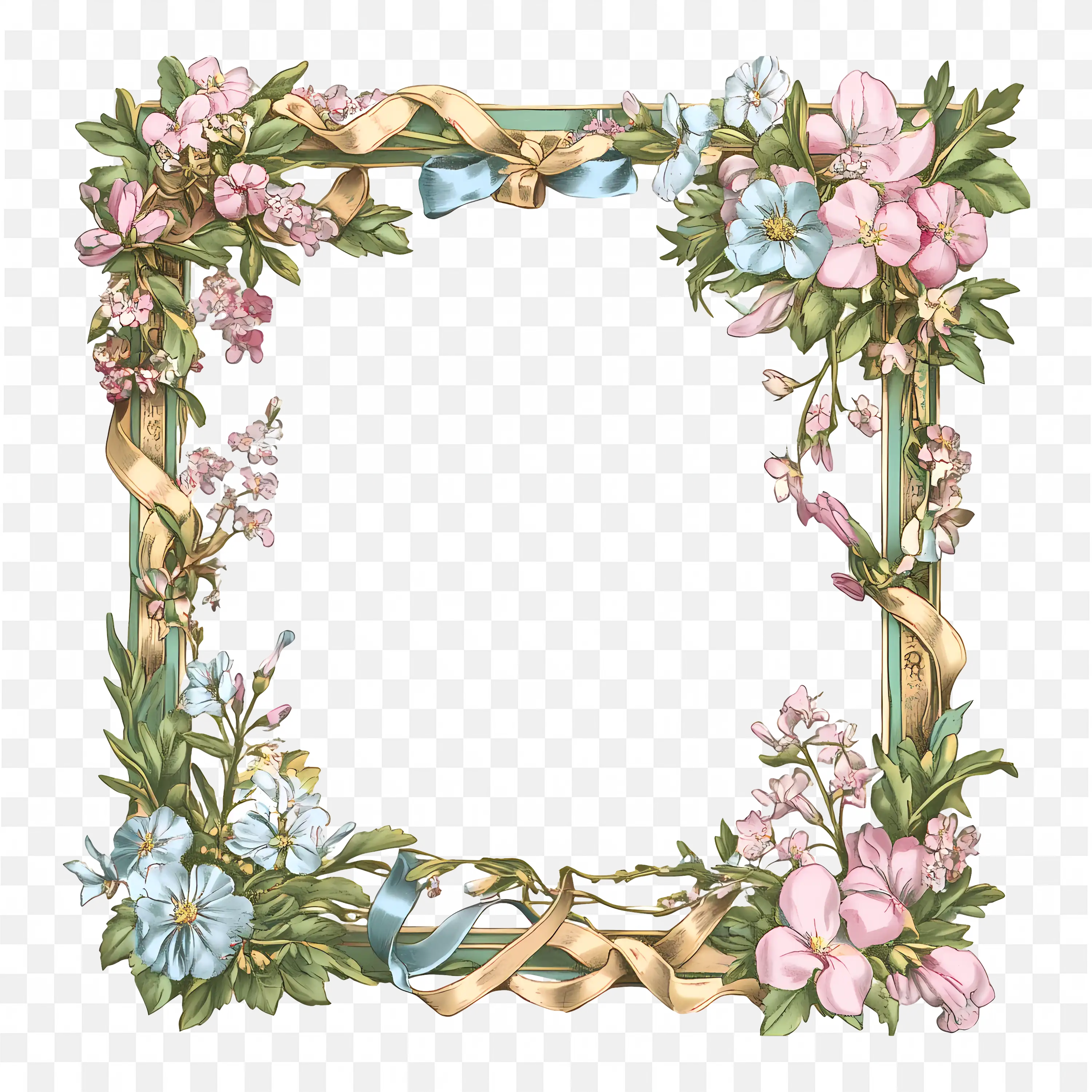 Floral Border Of Wild Pink Flowers in Vintage Square Frame