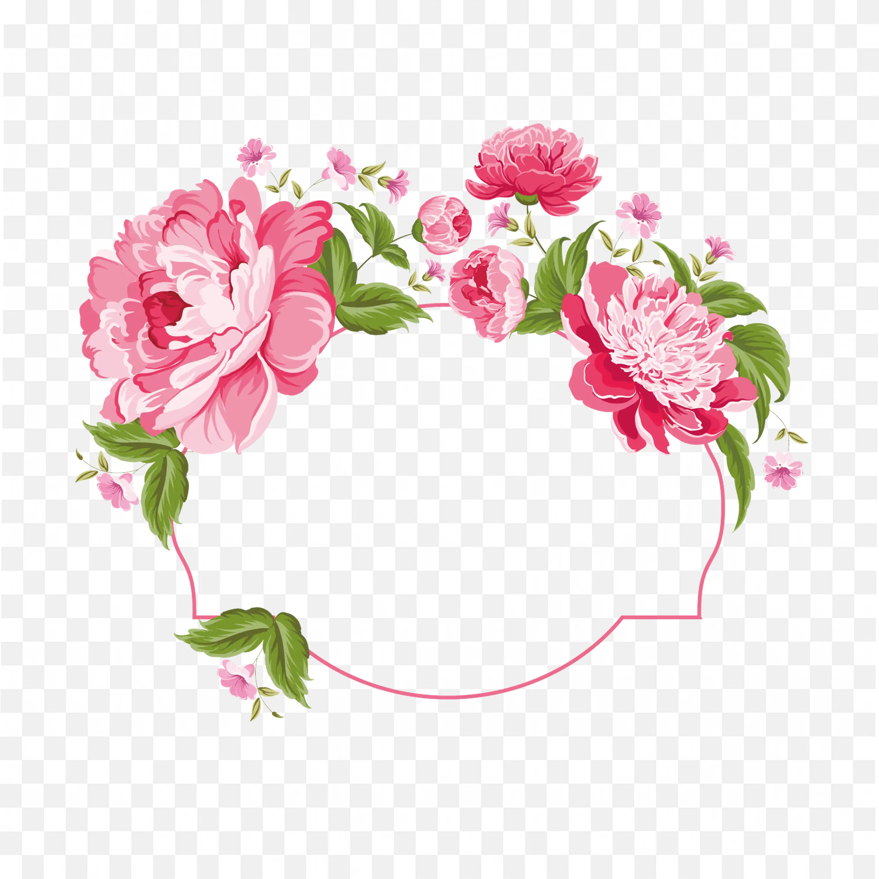 Floral Circle Frame with Pink Roses and Leaves Design Art