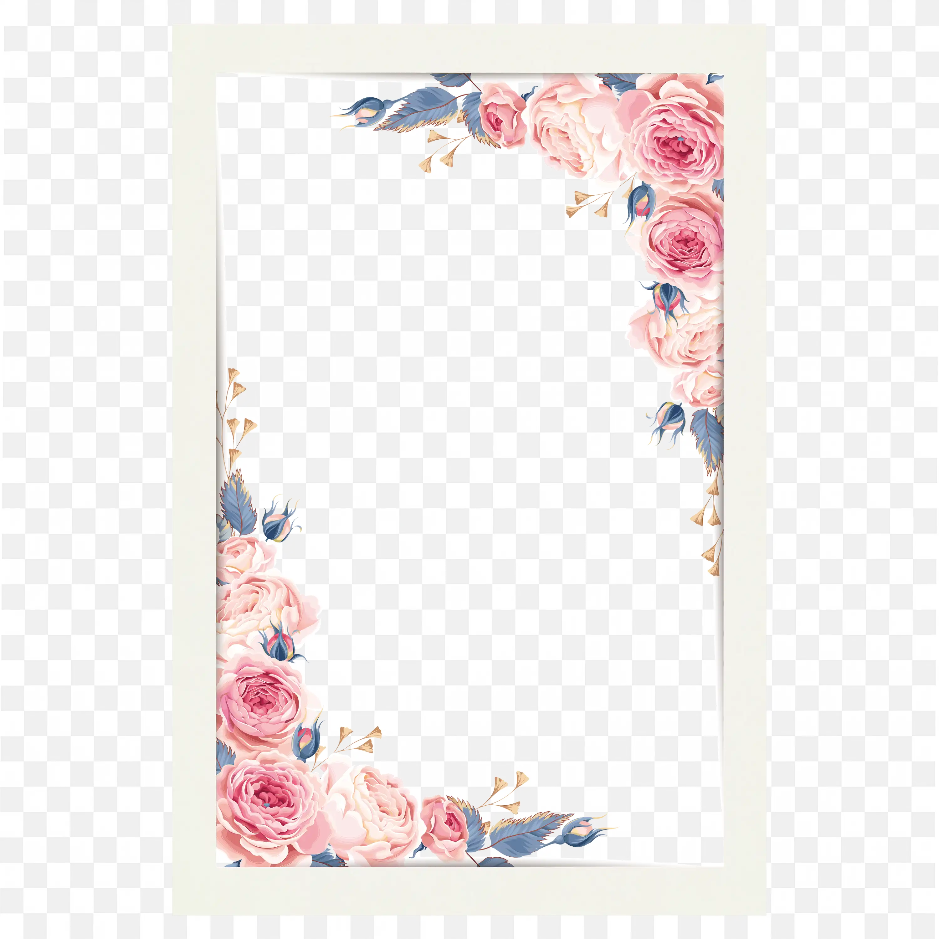 Floral Corner Frame with Pink Blossoms and Leaf Border