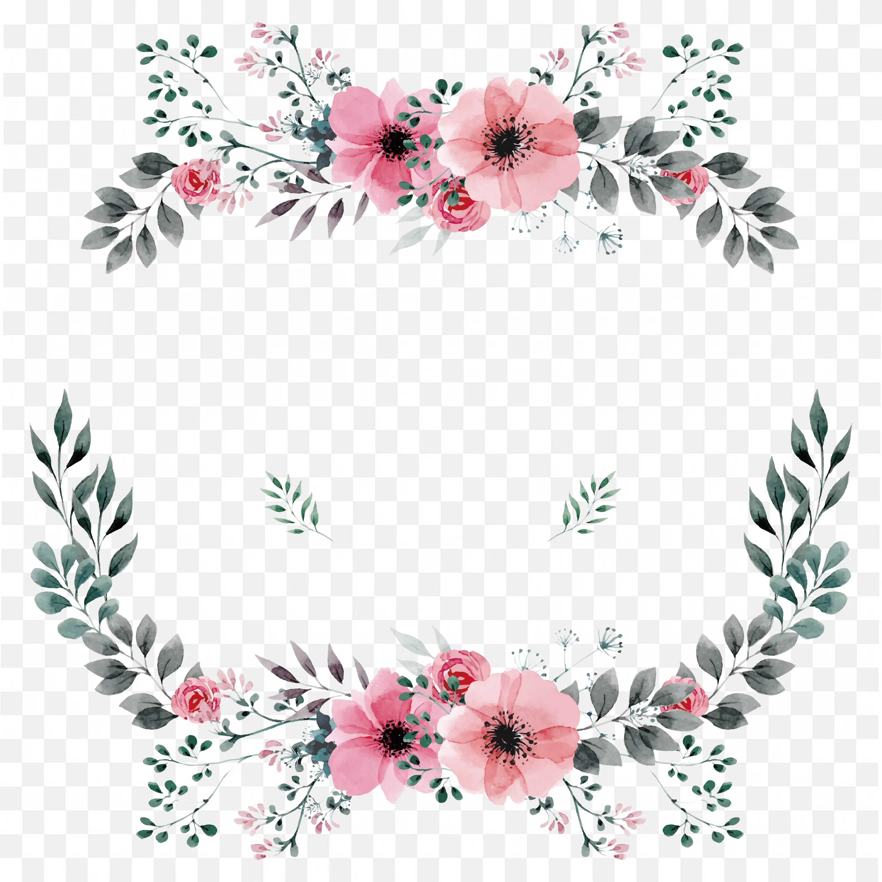 Floral Frame with Pink Flowers and Green Leaf Corners Png